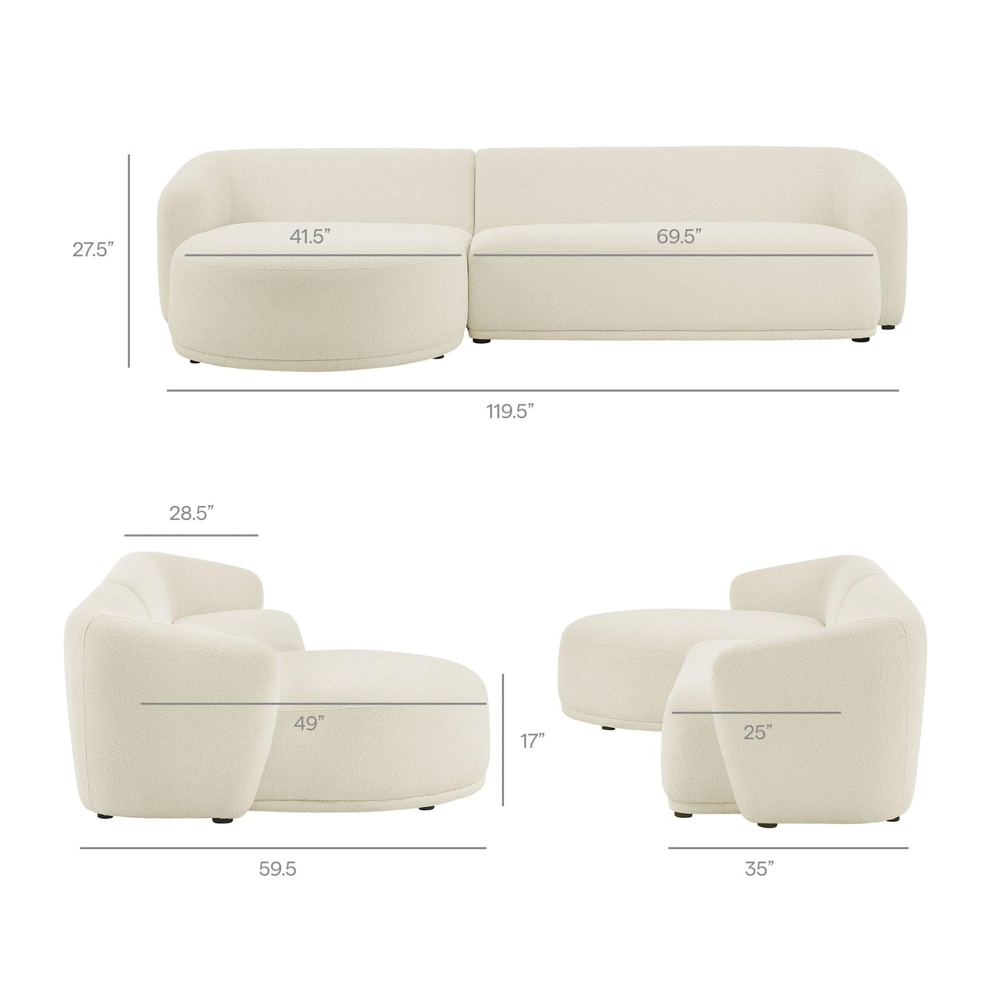 Modway Monica Left Facing Sectional with Chaise in Cream – Comfortable Low Profile 2-Piece Boucle Fabric Modular Sofa for Living Room, Bedroom, Or Apartment