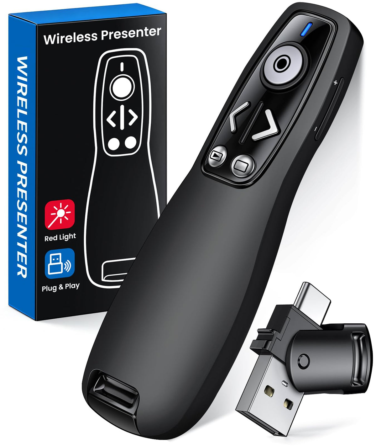 Presentation Clicker with USB-A & USB-C Receiver, 2.4GHz Wireless Presenter Remote with Volume Control & Red Light Pointer, Clicker for PowerPoint Slides Slide Advancer for Mac Computer, Plug & Play