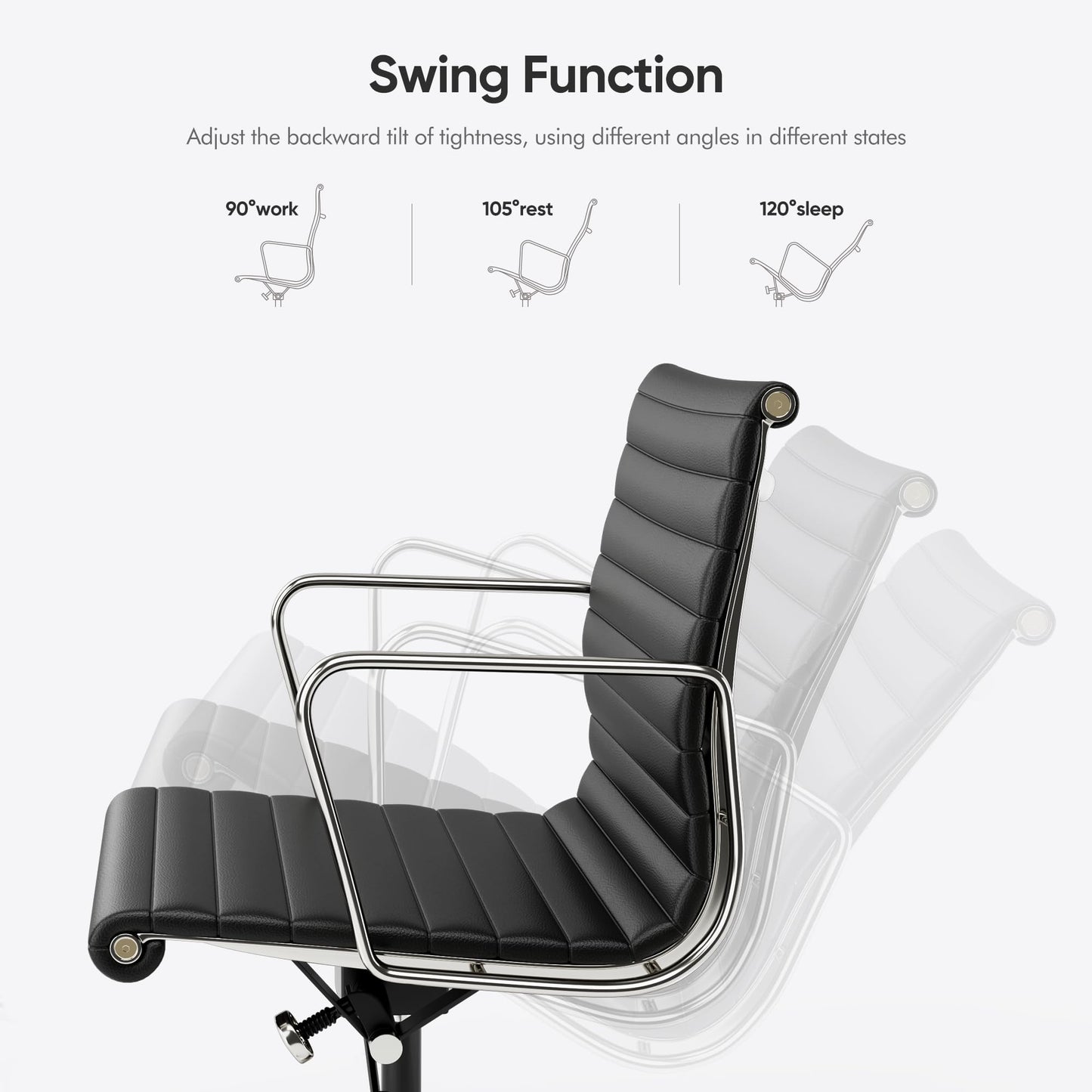 OTDMEL Ribbed Office Chair with Top Grain Leather - Mid Back Ergonomic Desk Chair with Aluminum Arm Rest and 5-Star Base, Swivel Chairs Black