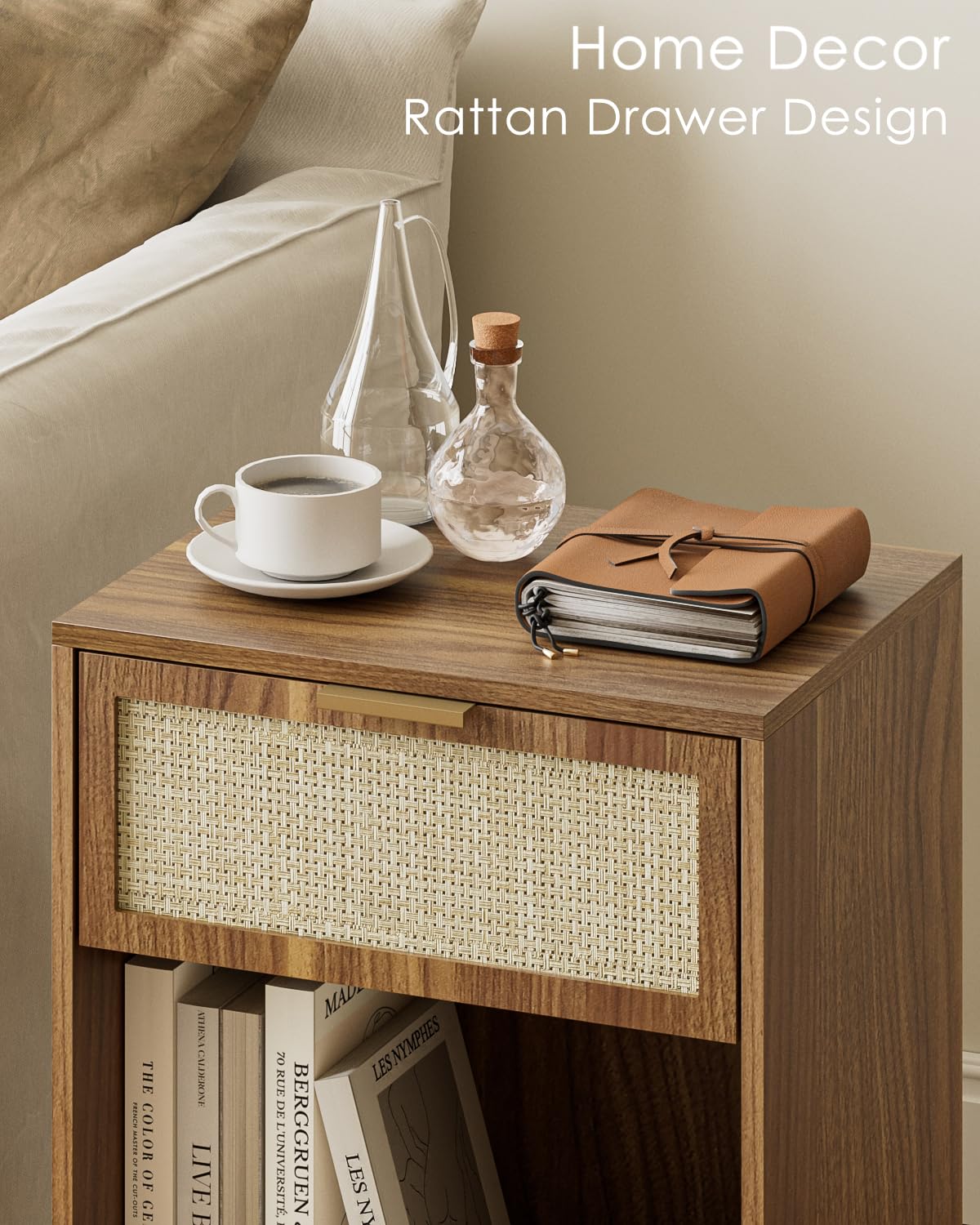 Masupu Rattan Nightstand,Modern Night Stand Boho Farmhouse Wood Bedside Table with Storage Drawer Side End Table for Bedroom, Office,Walnut Brown