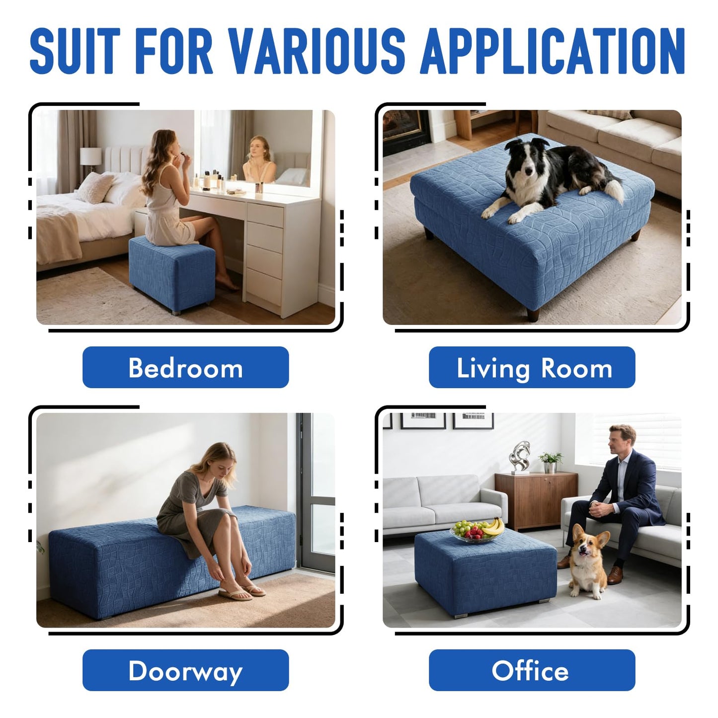 MAXIJIN Waterproof Ottoman Cover Rectangle Stretch Ottoman Slipcovers Square Thick Stool Covers Storage Footrest Furniture Protector with Non-Slip Elastic Bottom (Small, Dusty Blue)