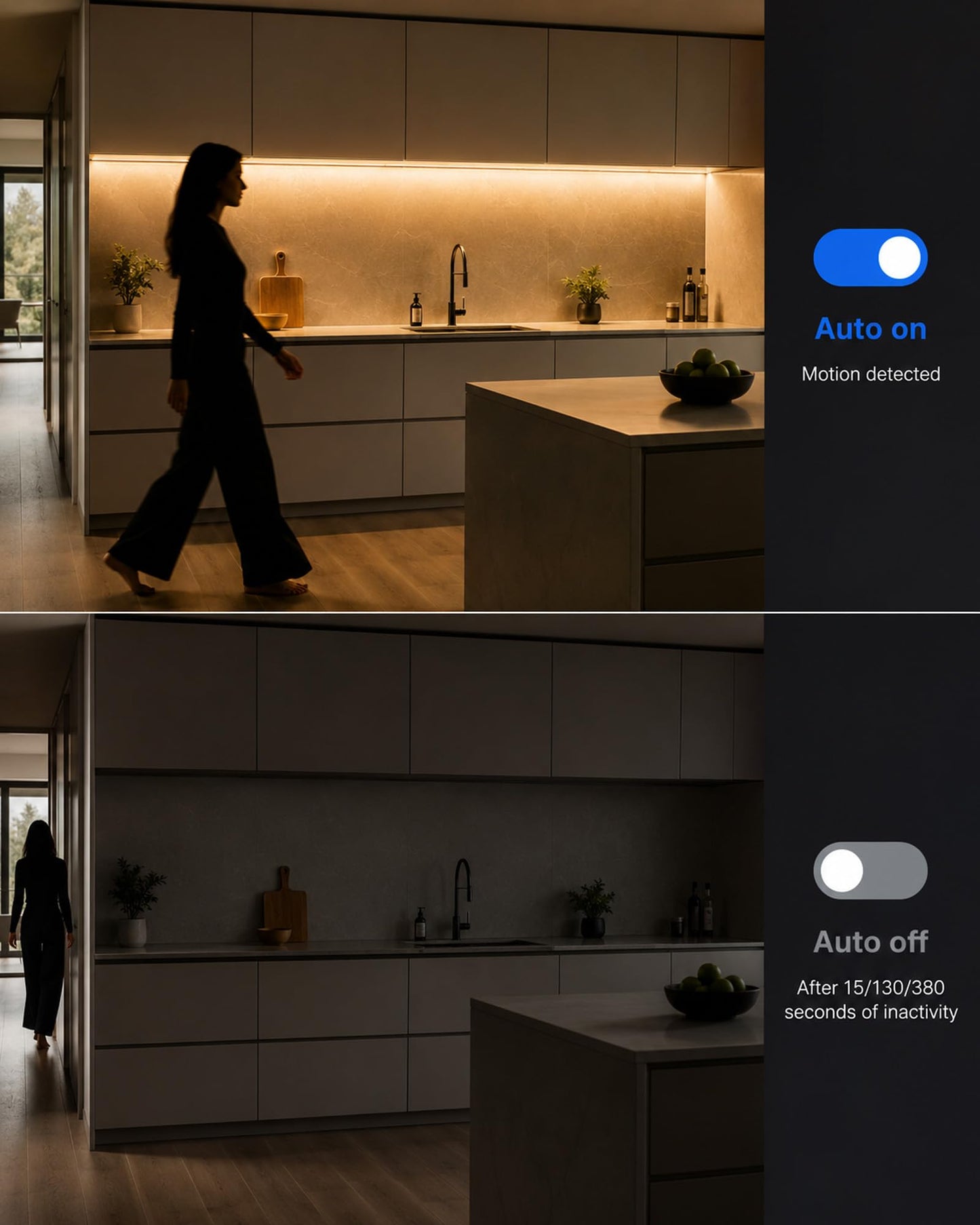 LUXJET Rechargeable Motion Sensor Wardrobe Light, 3.3ft Flexible LED Strip with 30LED, PIR and Light Sensor, Warm White Night Light for Bedroom, Kitchen, Wall, Closet, Cabinet