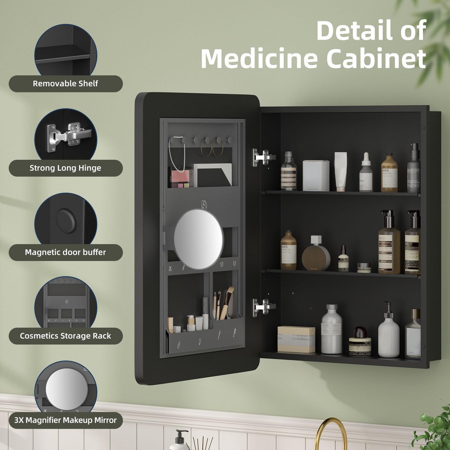 YTSMIR 20×28 Black Medicine Cabinet with Mirror, Bathroom Medicine Cabinet with Mirror for Vanity Wall Mounted & Recessed with Cosmetics Storage Rack, 2 Stable and Removable Shelves, Easy Installation