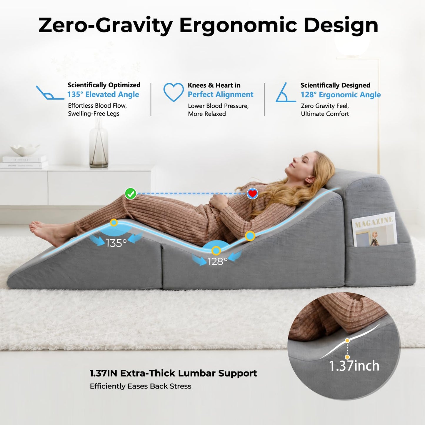 Yoga Chaise Lounge Chair Indoor for Adults, 3-in-1 Convertible Corduroy Boneless Sofa Bed, Zero Gravity Curved Design with Supportive Foam, No Assembly Required for Bedroom Living Room Reading