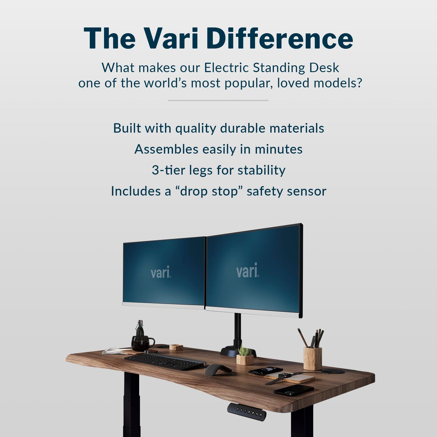 Vari Ergo 54x26 Electric Standing Desk + Height Adjustable Sit-Stand Desk + Curved Waterfall Edge, 4 Memory Settings, Quick Assembly, Cable Management, 200 lb Capacity – Walnut/Black (2 Boxes)