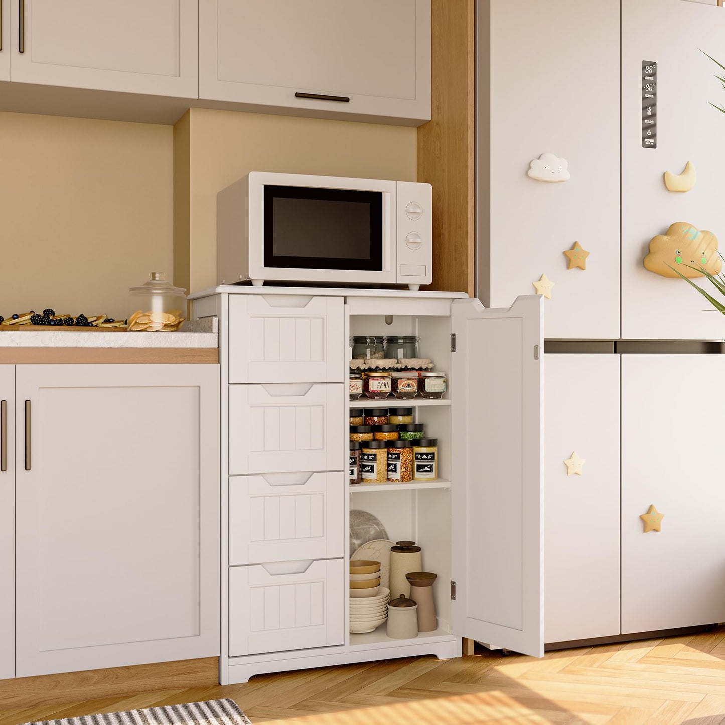 Gizoon Small Pantry with Door and Shelves, 33'' Kitchen Pantry Storage Cabinet Freestanding Samll Coffee Bar Cabinet with 4 Drawers for Kitchen and Dining Room, White, Painted