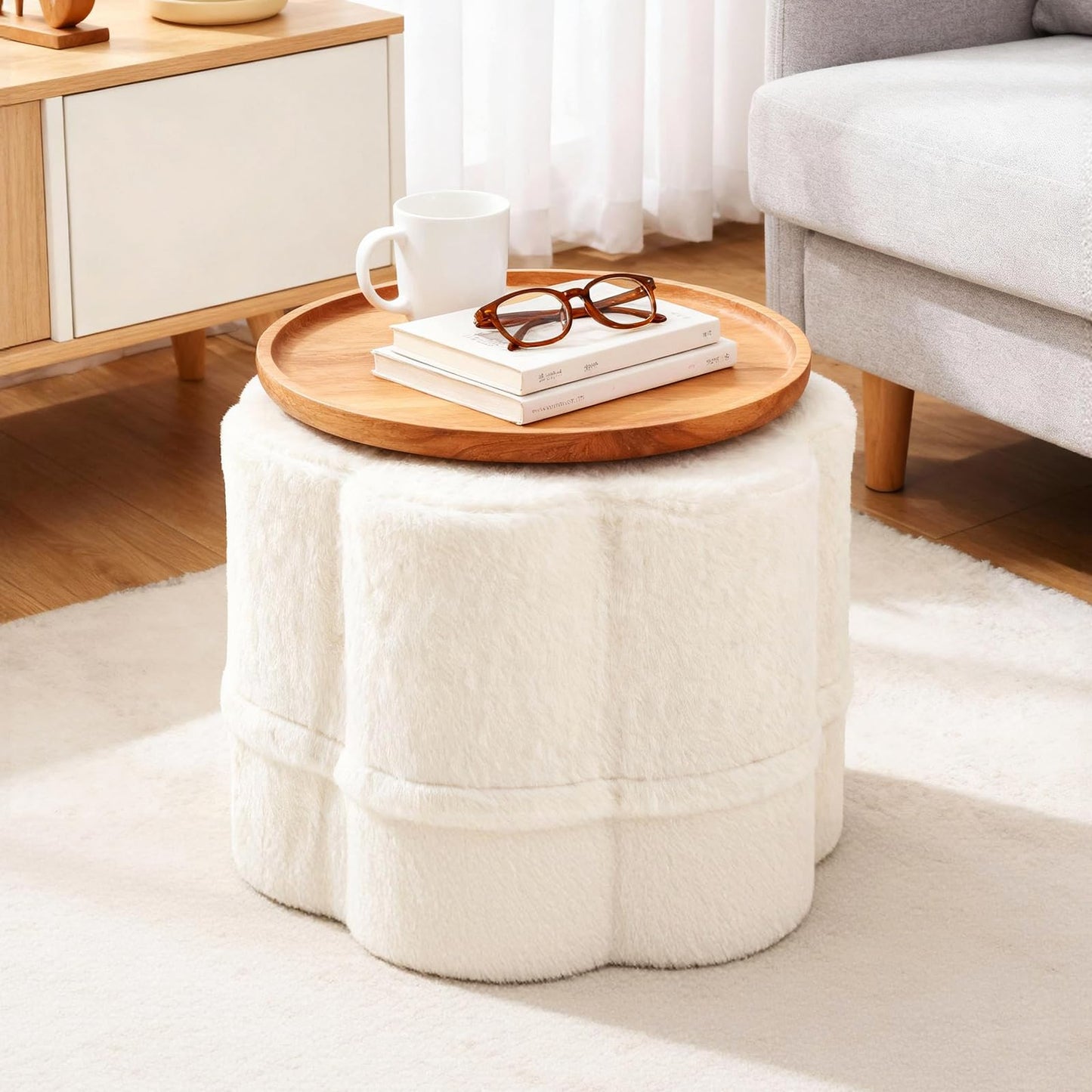 Tiita Floral Pouf Ottoman, Foot Stools Ottoman with Foam Chunk Filling, Puff Foot Rest for Couch, Living Room, Kids Room, Cream