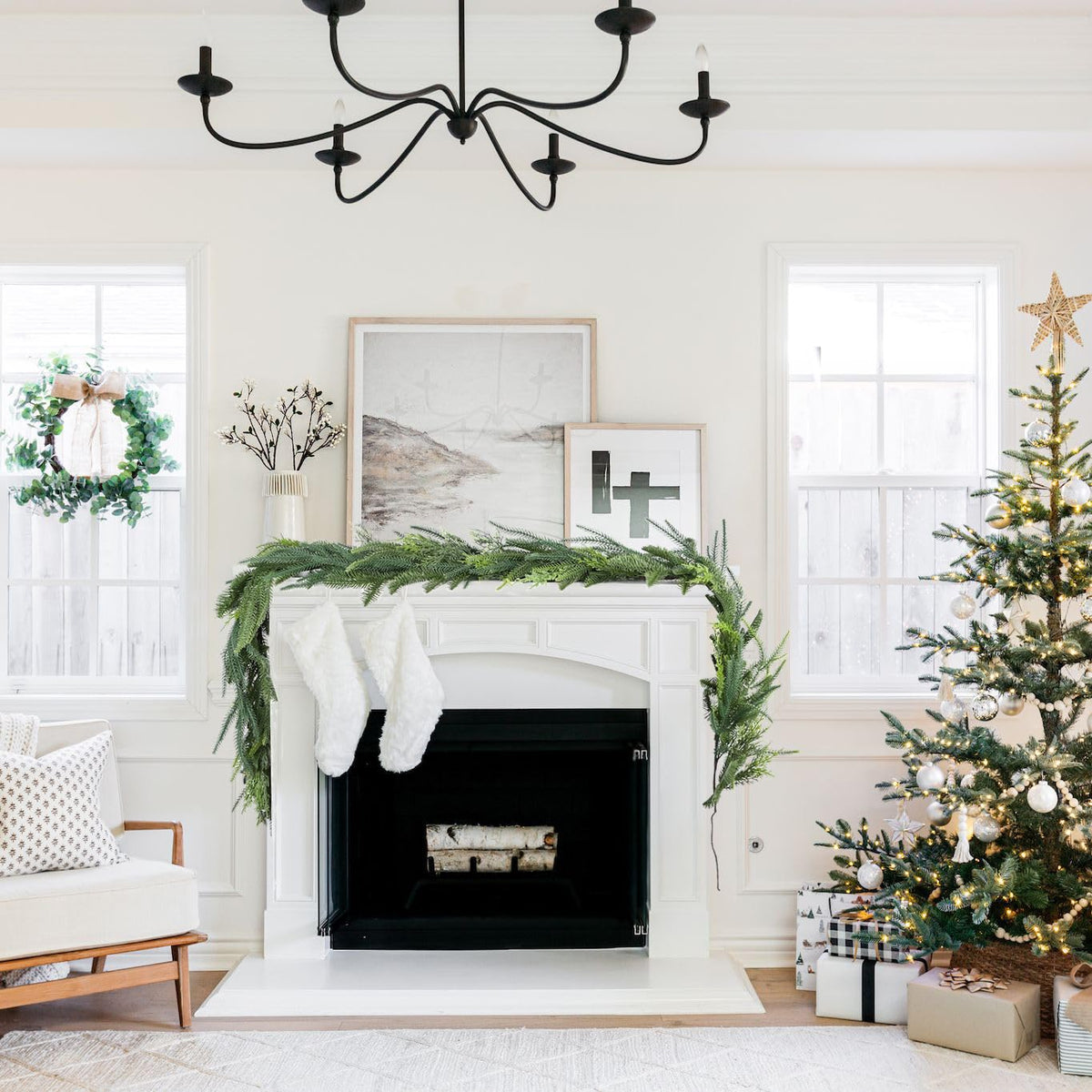 Artiflr Christmas Norfolk Pine and Cedar Garland for Holiday Mantel, Fireplace, Table Decor