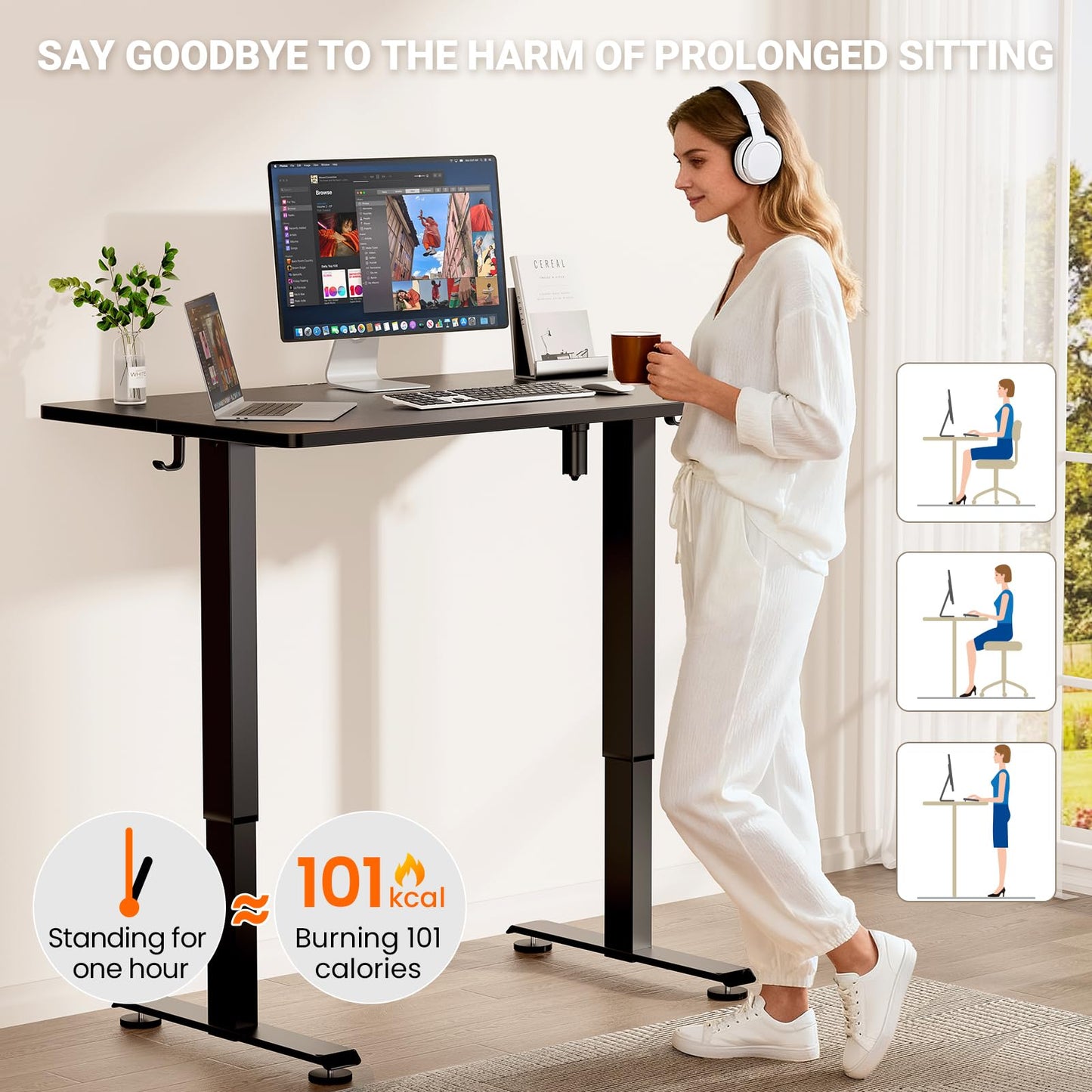 Veken 47.2" Standing Desk, Adjustable Height Office Desk with Wood Desktop, Computer Table for Home Work, Study and Gaming, Small Spaces, Modern Furniture, Black