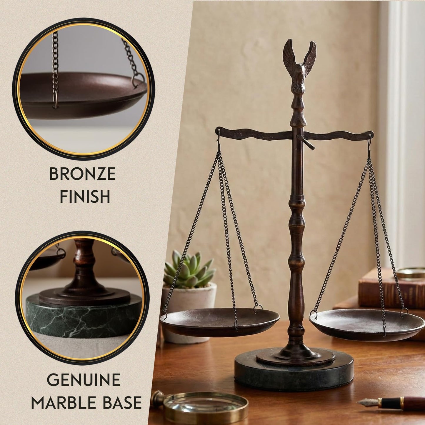 Bey-Berk “Find Your Balance” 12.5" Justice Scale, Hand-Crafted Metal Cast with Eagle Finial and Green Marble Base, Bronze-Finished Decorative Scale