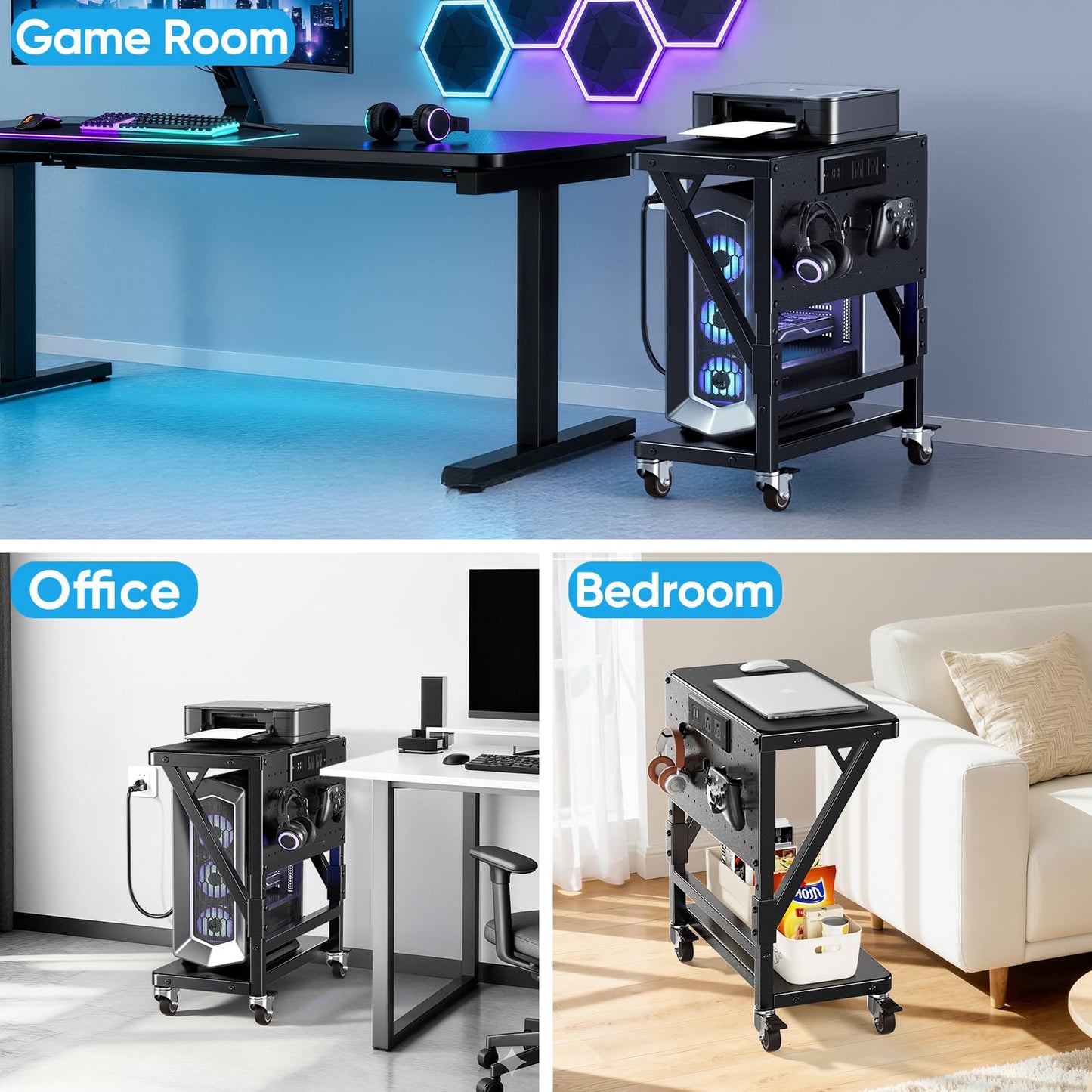 POKIPO Computer Tower Stand with Charge Station and USB Port,Pc CPU Holder Cart for Floor Carpet with Wheels,Heavy Duty Metal,Adjustable Height,Rolling Pc Printer Desktop Under Desk for Home Office