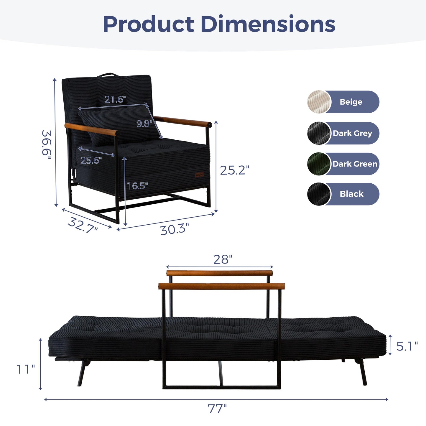 MAXYOYO Convertible Chair Bed, Folding Lounge Chair with Adjustable Backrest, Versatile Folding Sofa Bed, Tufted Corded Upholstered Chair with Frame, Adjustable Recliner Chair for Living Room, Bedroom