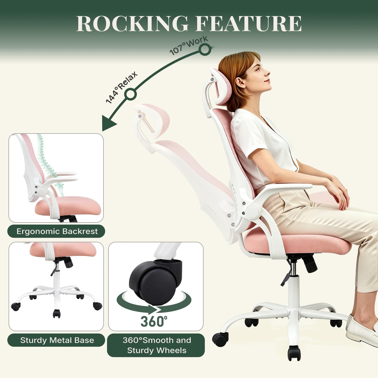 HAPPYMONT Ergonomic Office Chair, Comfy Desk Chair with Wheels, Adjustable Headrests, Flip-Up Armrests, Breathable Mesh High-Back, Comfortable Swivel Seating for Home Computer, Pink