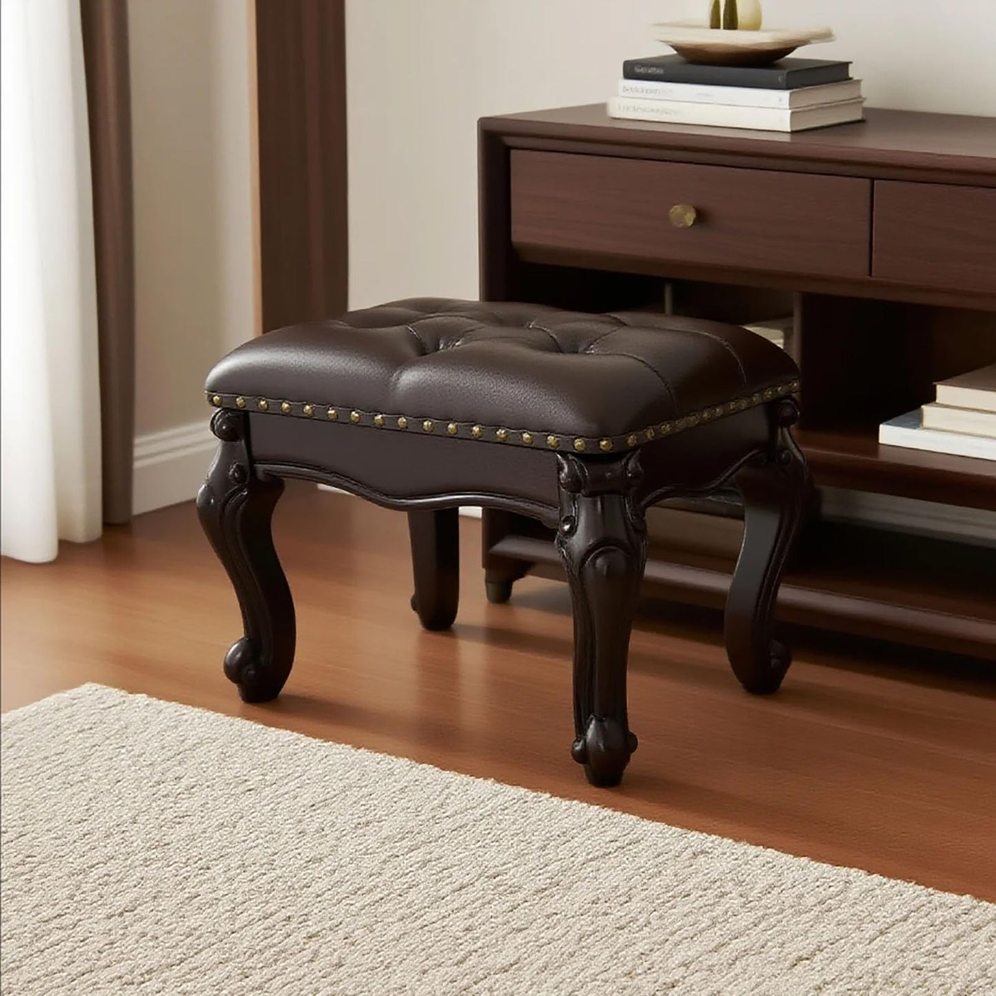 GHBRHBJ Leather Foot Stool,Vintage Footstools,Wooden Footrest,Upholstered Foot Rest for Living Room,Sofa,Entryway (Walnut)