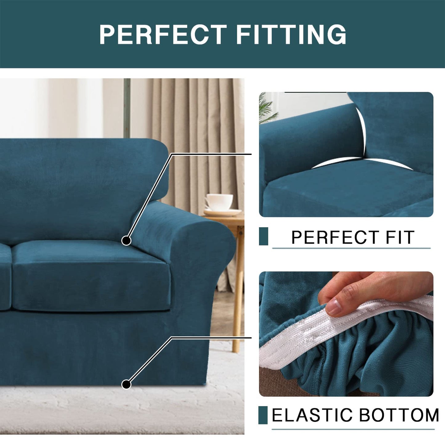 FantasDecor 3 Piece Sofa Covers Velvet for 2 Cushion Couch Stretch Loveseat Slipcover with Individual Seat Elastic Furniture Protector for Pets (Loveseat, Deep Teal)
