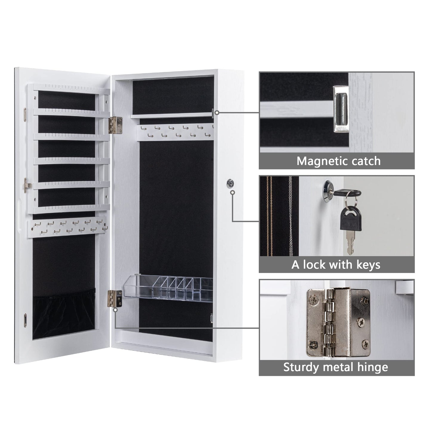 LAVIEVERT Lockable Jewelry Cabinet Armoire with Frameless Mirror, Wall/Door Mounted Space Saving Jewelry Display Organizer with Lipstick Compartments - White