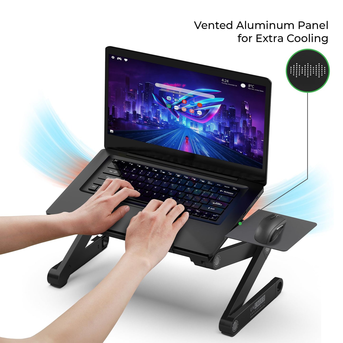 Uncaged Ergonomics WorkEZ Adjustable Laptop Stand for Desk, Laptop Stand Adjustable Height, Foldable Aluminum Cooling Computer Holder & Riser for Desk Bed, Black, XL