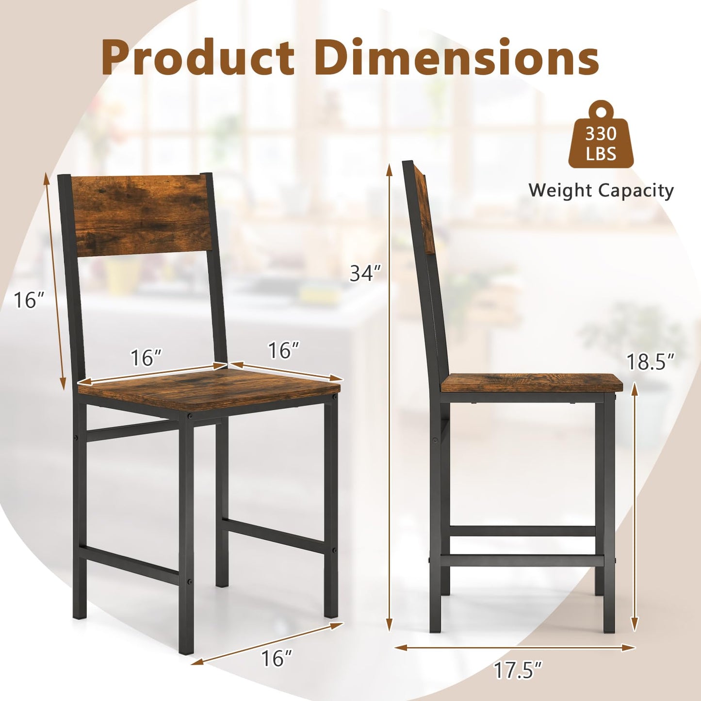 Giantex Dining Chairs Set of 2, Industrial Kitchen Chairs with Metal Legs, Slanted Back, Rustic Wood Grain, Armless Side Chairs for Dining Room, Restaurant, Living Room, Rustic Brown & Black