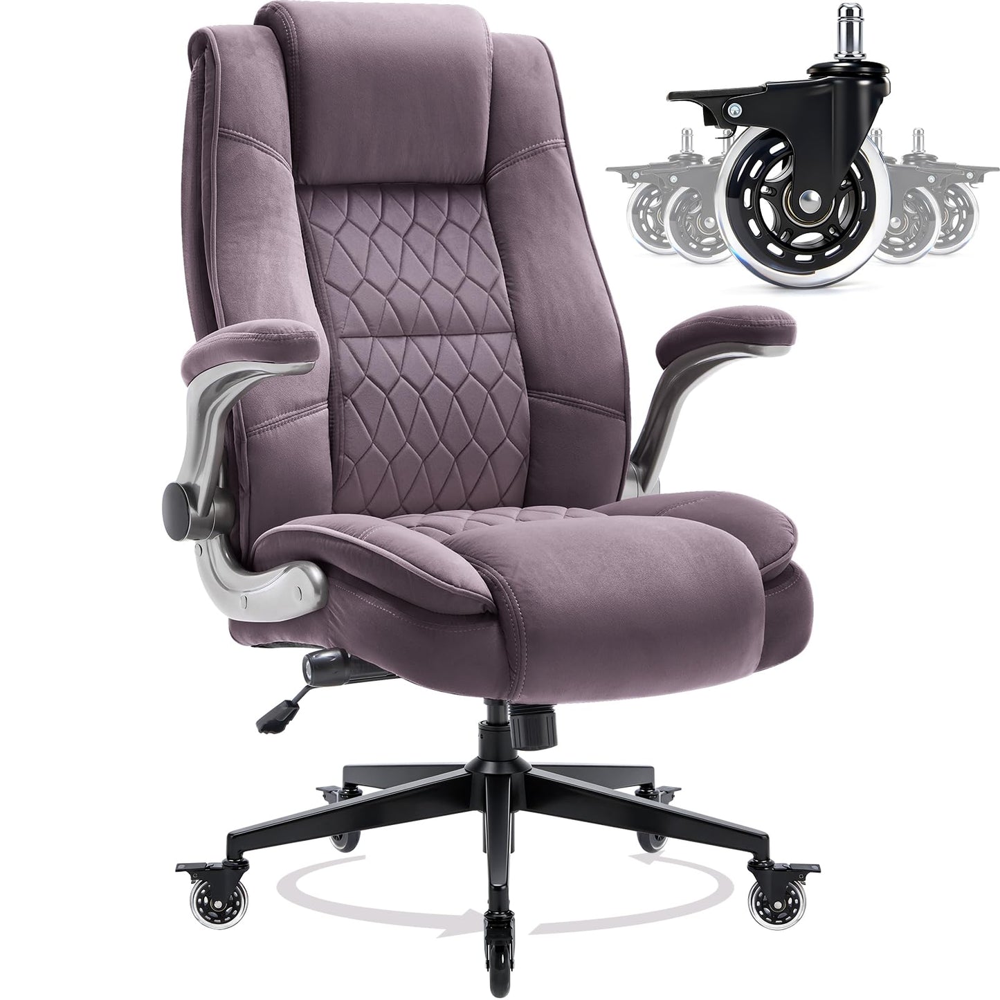 Fabric High Back Office Chair with Lockable Quiet Casters, Ergonomic Adjustable Lumbar Support & Flip-Up Arms, Reinforced Metal Base, Executive Desk Chair for All-Day Comfort, 400LBS Capacity