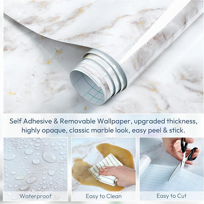 rabbitgoo Glossy Marble Contact Paper Peel and Stick Wallpaper 17.5" X 78.7"