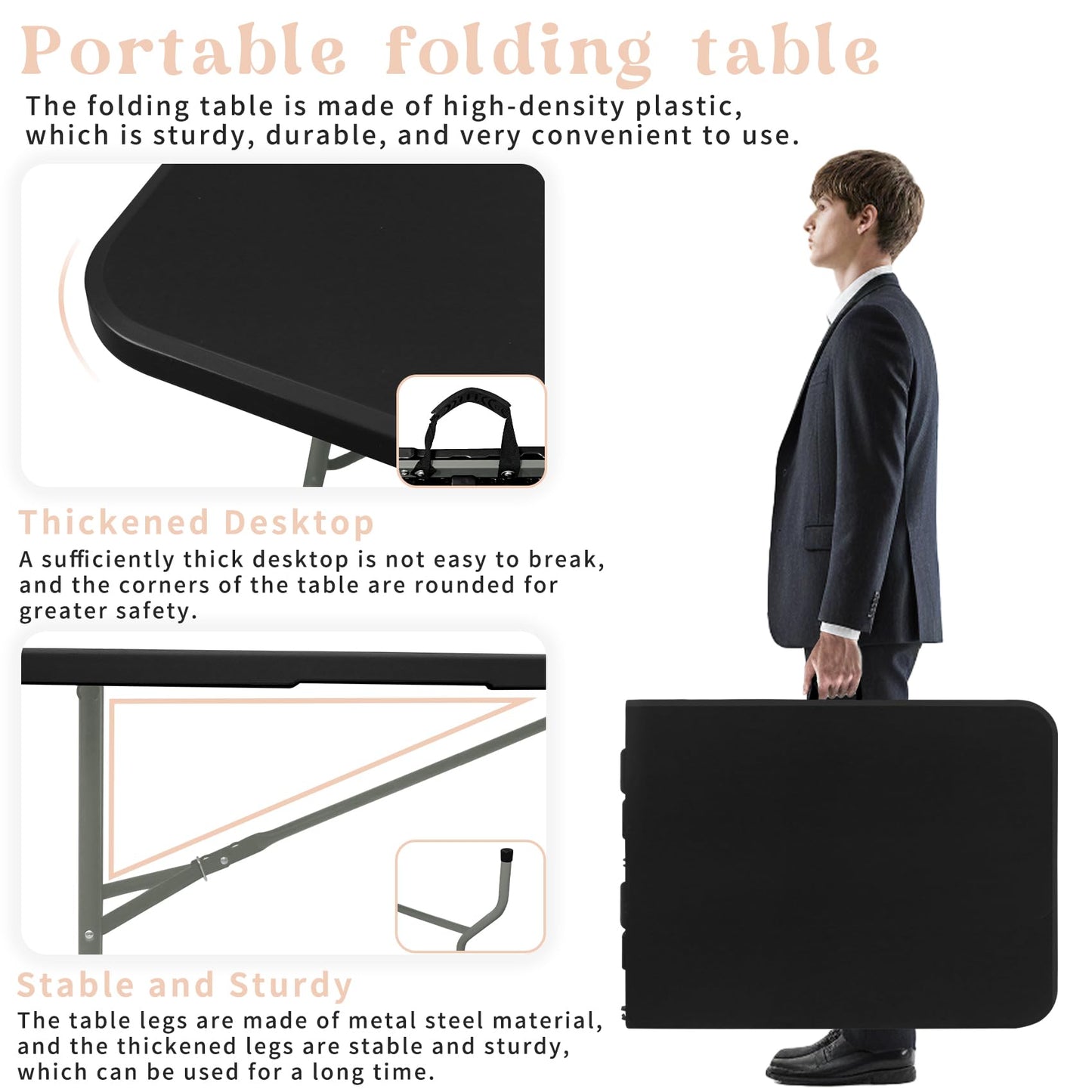 HAISIWLKJ Folding Table 6 FT Lightweight Camping Table Black Portable Plastic Rectangular Outdoor Dining Table Steel Legs Fold-in-Half with Carrying Handle for Indoor,Picnic,Party,Wedding,Events