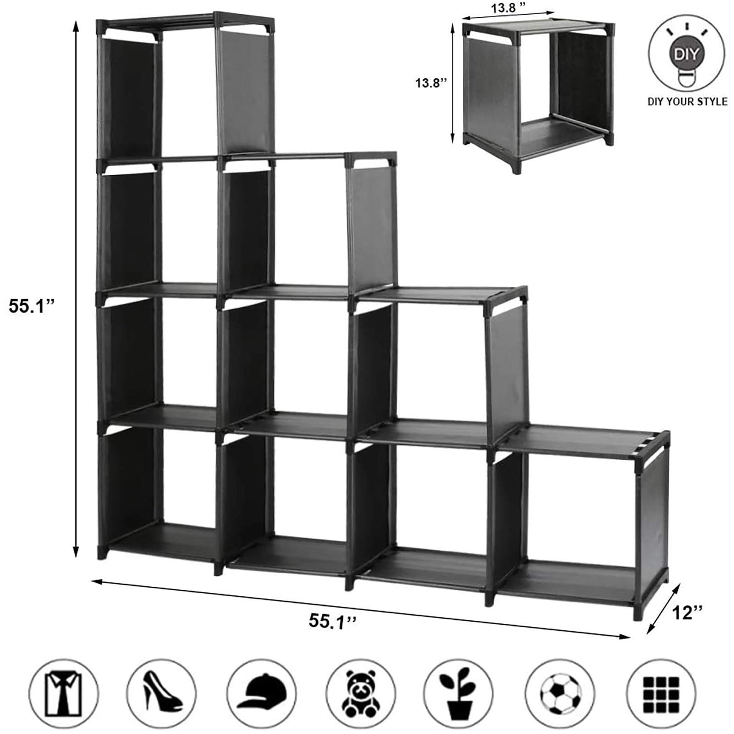 DazHom 10-Cube Storage Organizer Rack, Staircase Organizer Modular Bookcase, DIY Storage Organizer Closet Shelf, Bookcase in Living Room, Bedroom for Toys and Daily Necessities, Black