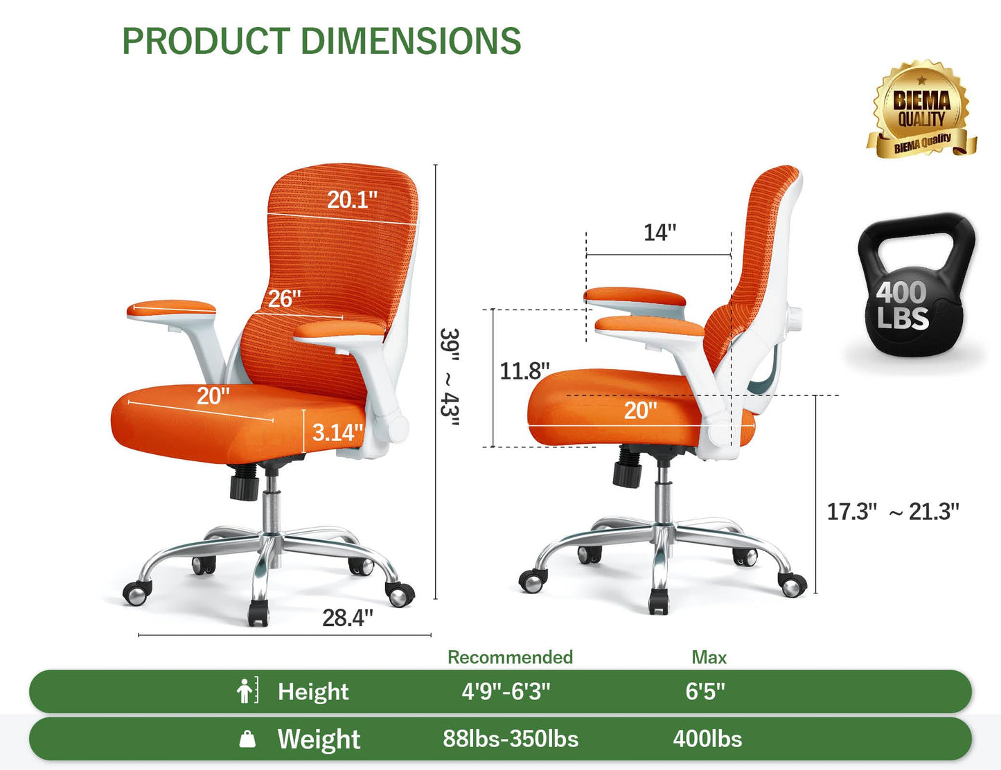 Office Chair Ergonomic Desk Chair Comfy: 400LBS Mesh Computer Chair Ergonomic Gaming Chairs with Wheels Adjustable Lumbar Support and Flip up Armrest-Swivel Executive Chairs Long Hours(Orange)