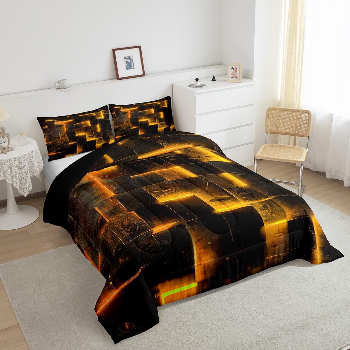 Black Orange Abstract Comforter Twin Gradient Square Twin Bedding Set, Geometric Grid Down Comforter Neon Checkered Bed Set Glowing Plaid Quilted Duvet 3D Modern Bedroom Decor 2pcs (Black Reversible)