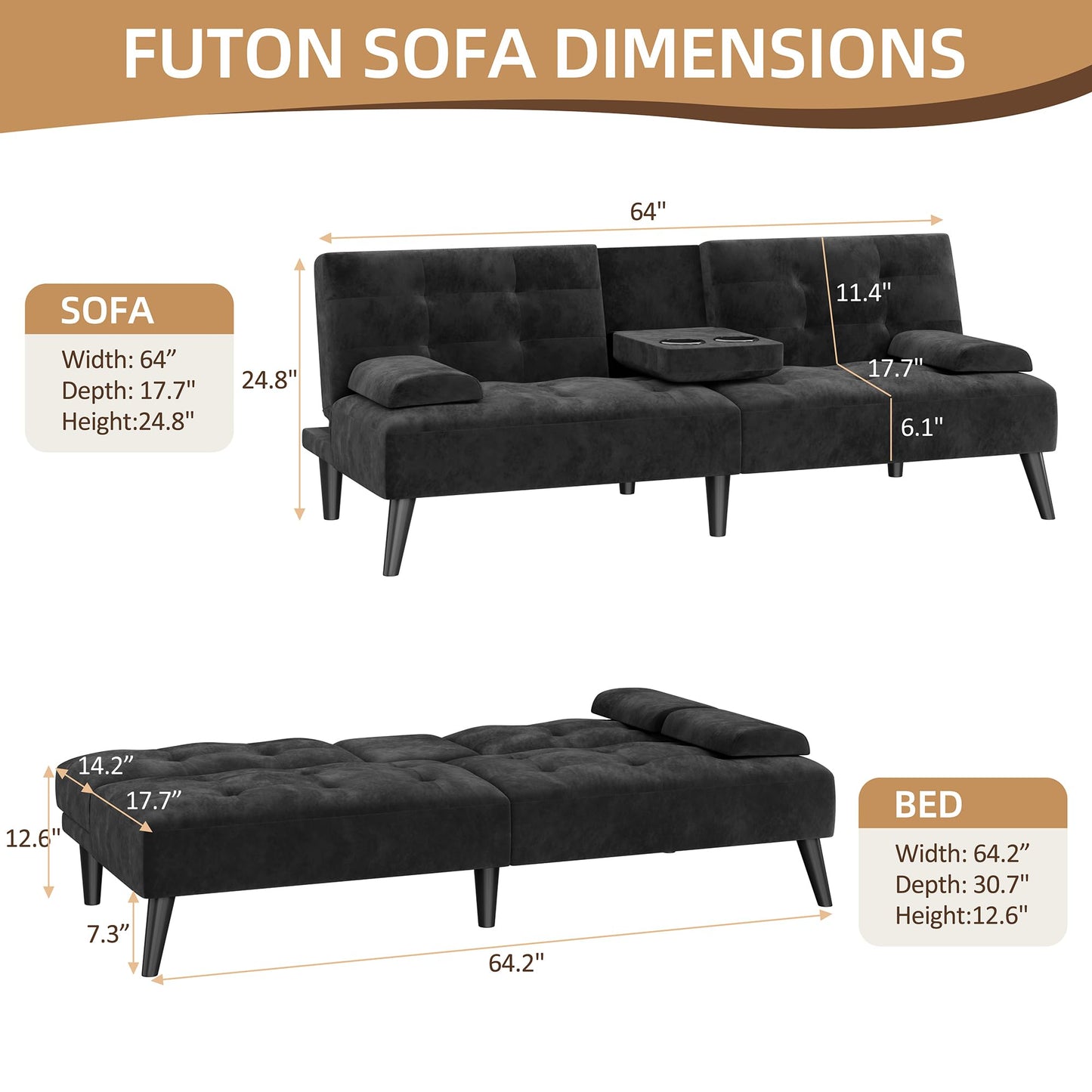 Shintenchi Futon Sofa Bed, Velvet Foldable Couch, Reclining Sleeper with Removable Armrests, Upholstered Loveseat Sofa Couch with Folding Cup Holders for Home, Office, Black