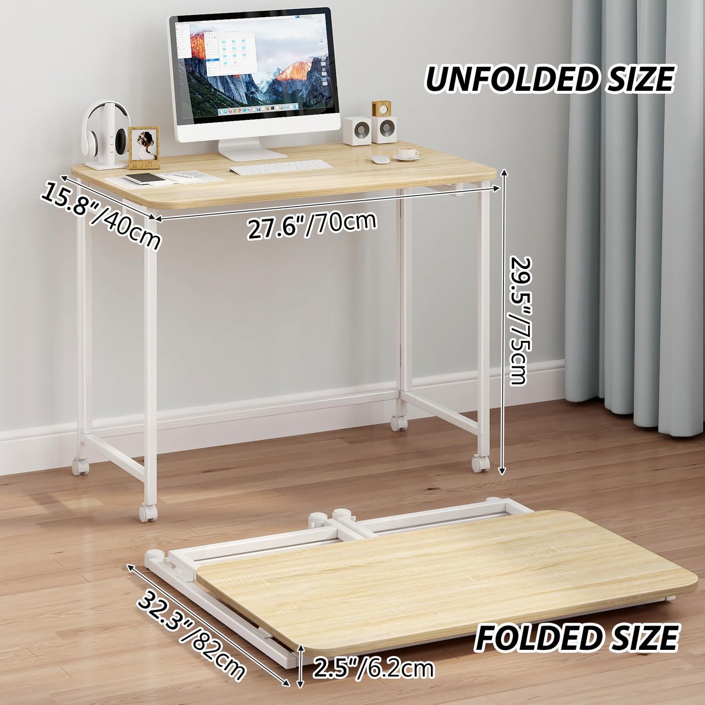 JSB Small Folding Computer Desk with Storage Bag and Hook Writing Modern Industrial Work Table Laptop for Home Office White (Natural & White, 27.6")