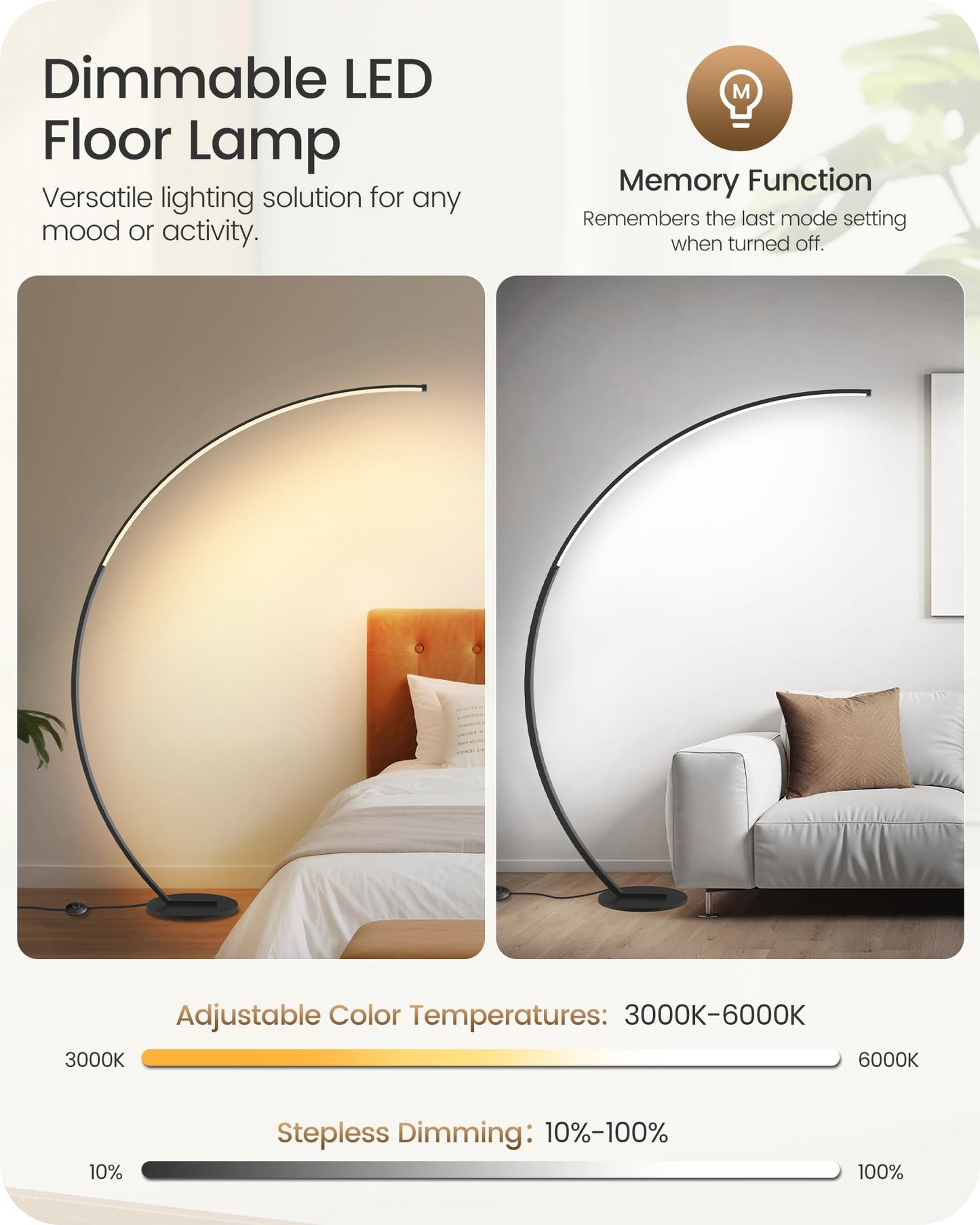 Dimmable Arc Floor Lamp and RGBW LED Floor Lamp Bundle B62LD05-RB62LD05