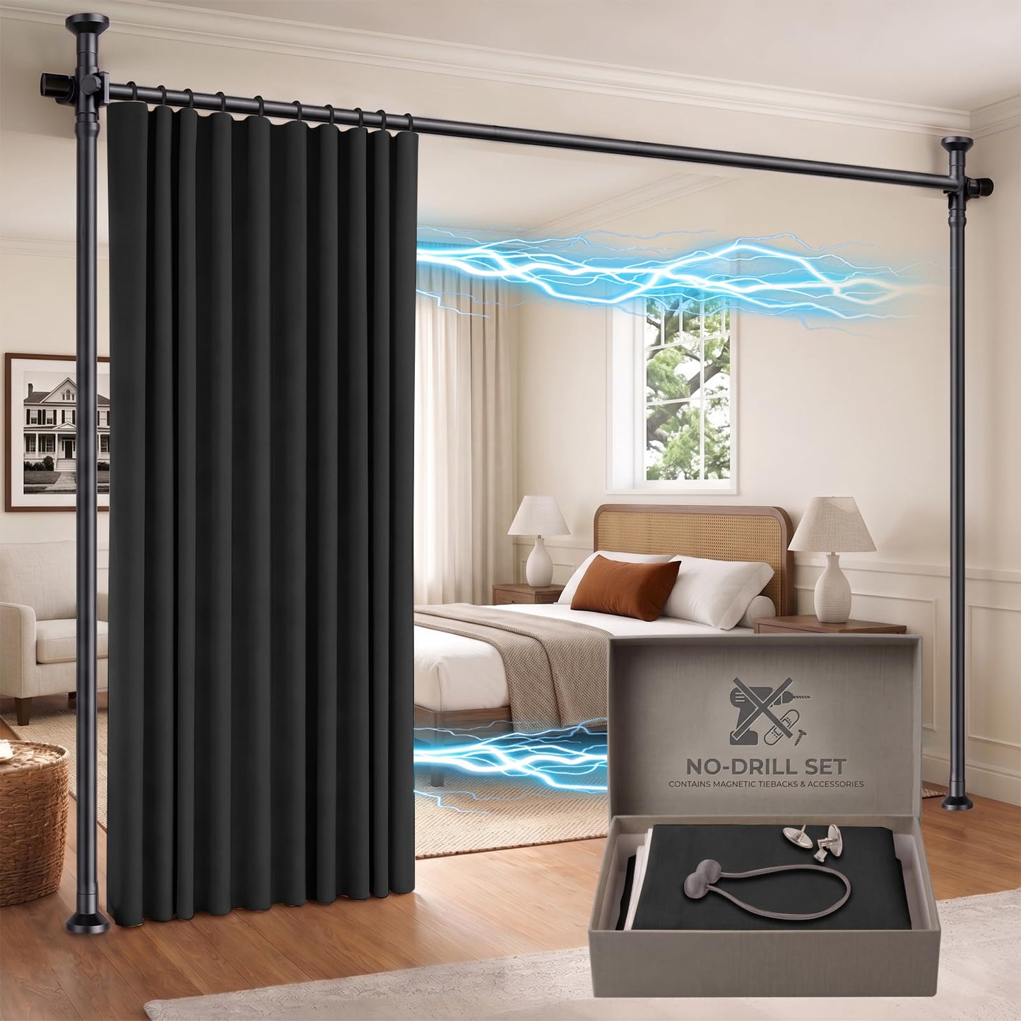 GONNRLY Room Divider Curtains, No Drill Privacy Curtain Set with Retractable Rod, Tool-Free Blackout Room Divider for Bedroom Black-100 W x 84" L(Pack of 1)