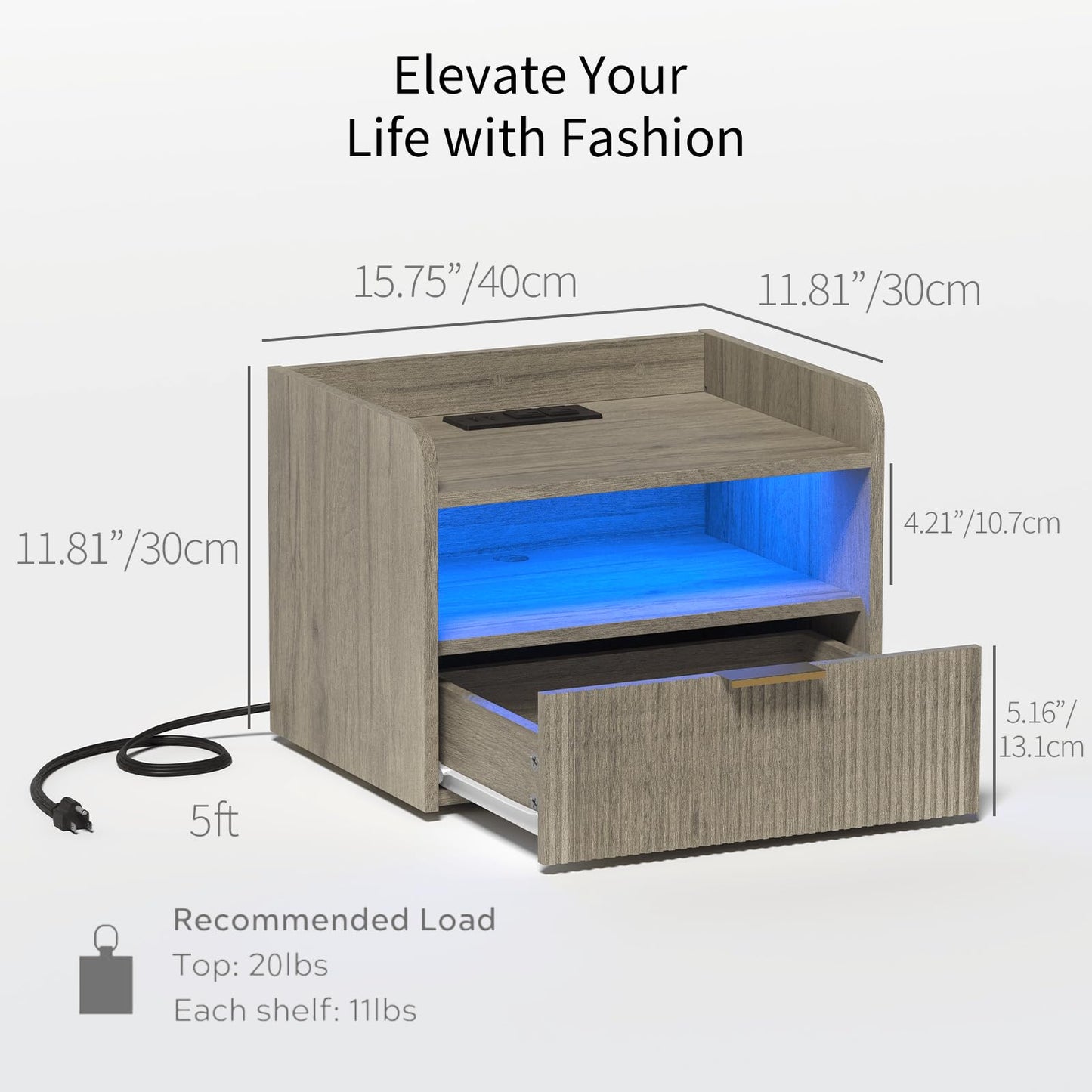 Veegle White Floating Nightstand with Charging Station and LED Lights (Grey)