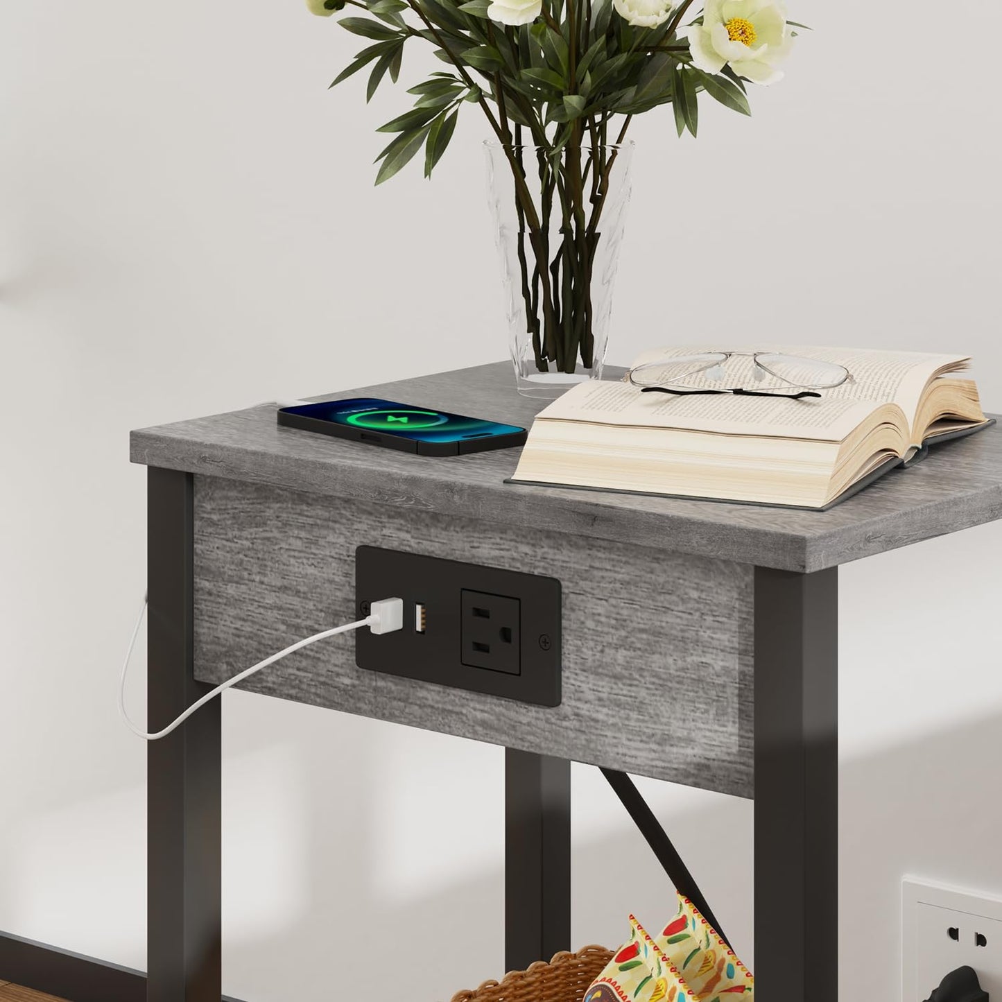 VIMBER Side Table with Charging Station, Set of 2 End Tables with USB Port and Outlets, Nightstands with 2-Tier Storage Shelves, Sofa Table for Small Space, Living Room, Bedroom, Grey 102H2