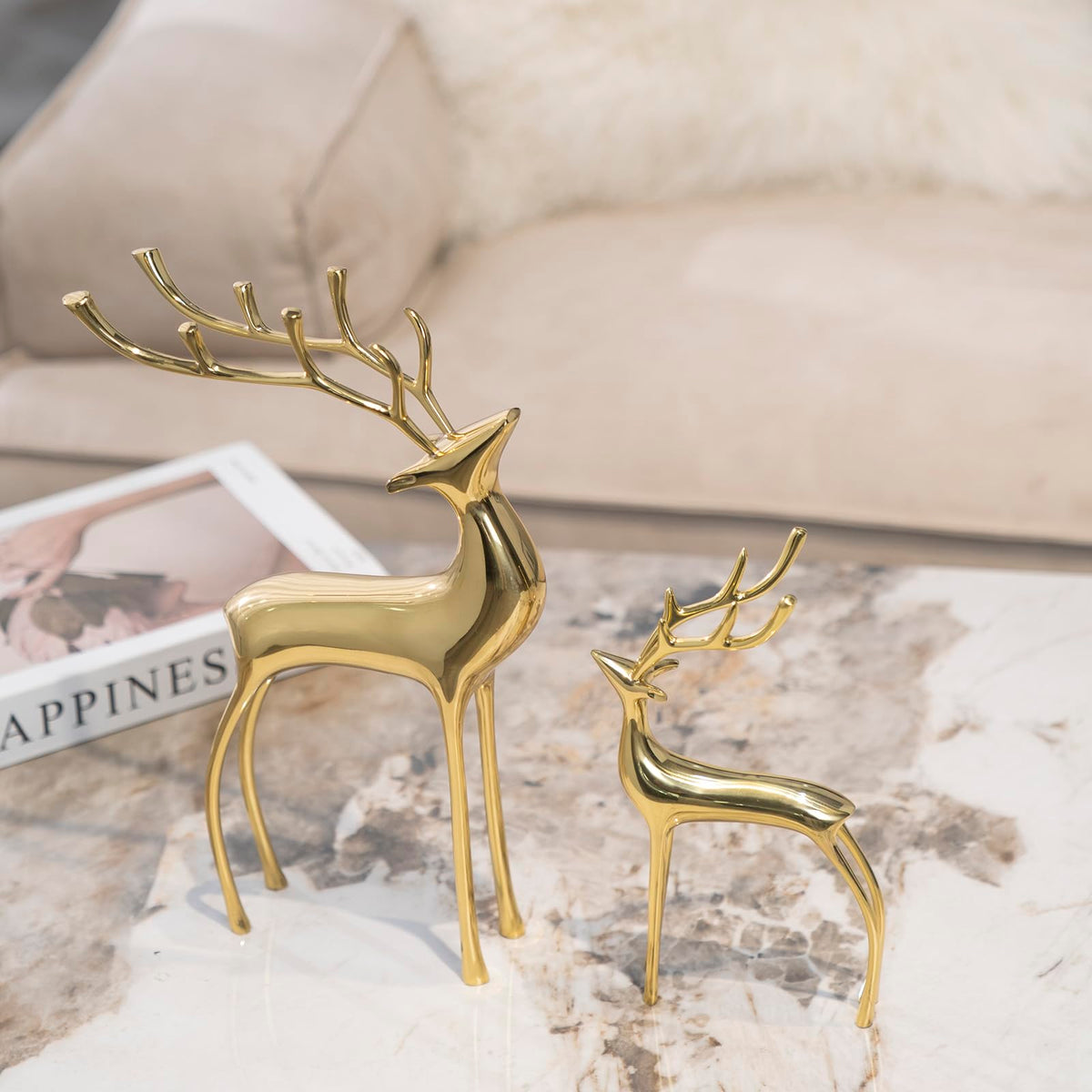 Reindeer Figurine Statues Deluxe Set of 2, Christmas Deer Pure Copper Heavy Reindeer Ornaments for Home Decor Accents Living Room Office Bookself Tabletop Mantle Christmas Decoration, Gold