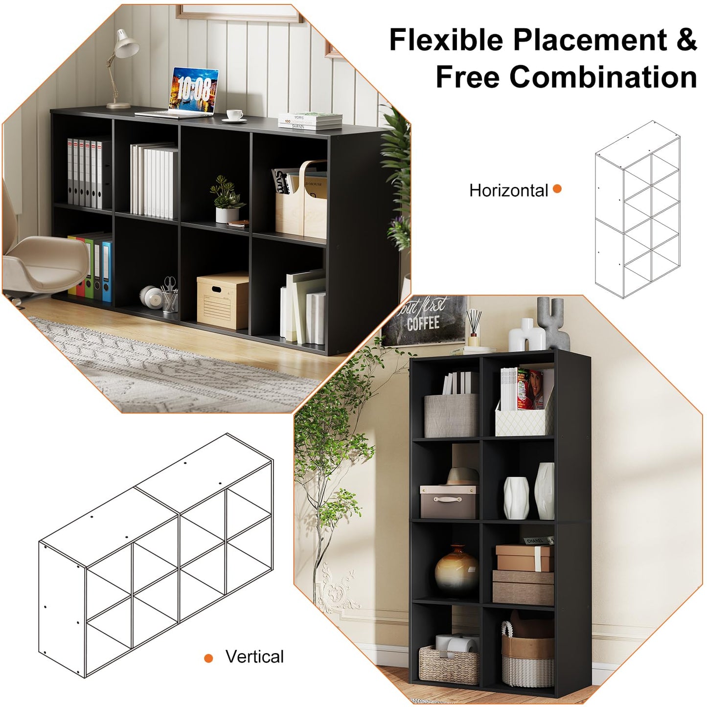 Sweetcrispy 8 Cube Storage Organizer - Open Cube Bookshelf with 4 Removable Back Panels, Display Storage Bookcase for Living Room, Bedroom, Entrance Hall, Home Office，47.7" Lx11.6 Wx24 H, Black