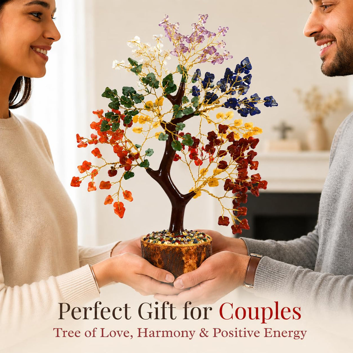 7 Chakra Crystal Tree 300 Stones - Feng Shui Gemstone Money Tree with Healing Crystals Base for Good Luck, Wealth & Prosperity - Reiki Spiritual Meditation Decor, Yoga Gifts & Home Office Decoration
