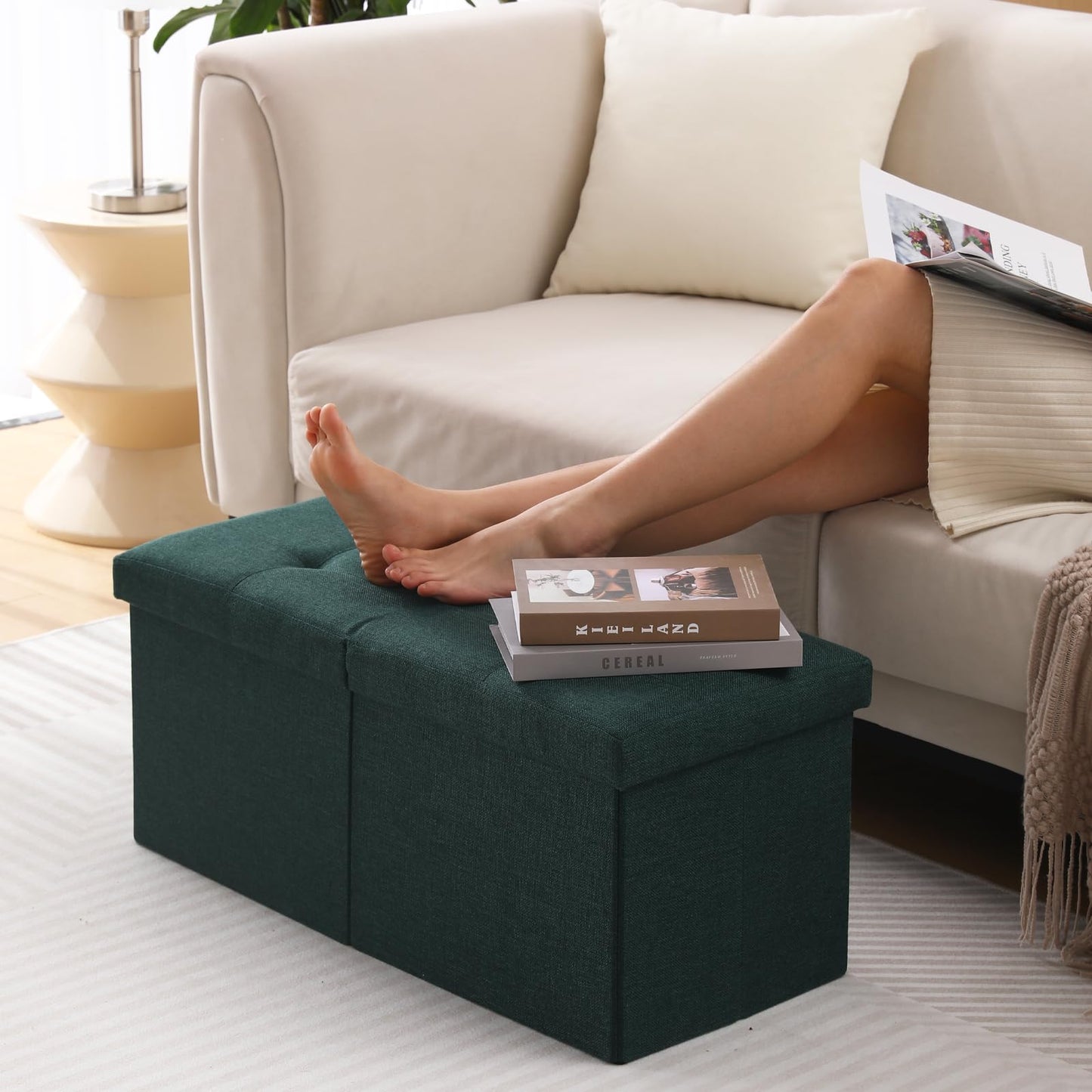 CUYOCA Storage Ottoman Bench Foldable Seat Footrest Shoe Bench End of Bed Storage with Flipping Lid, 75L Storage Space, 30 inches Linen Fabric Emerald, OT026DGN