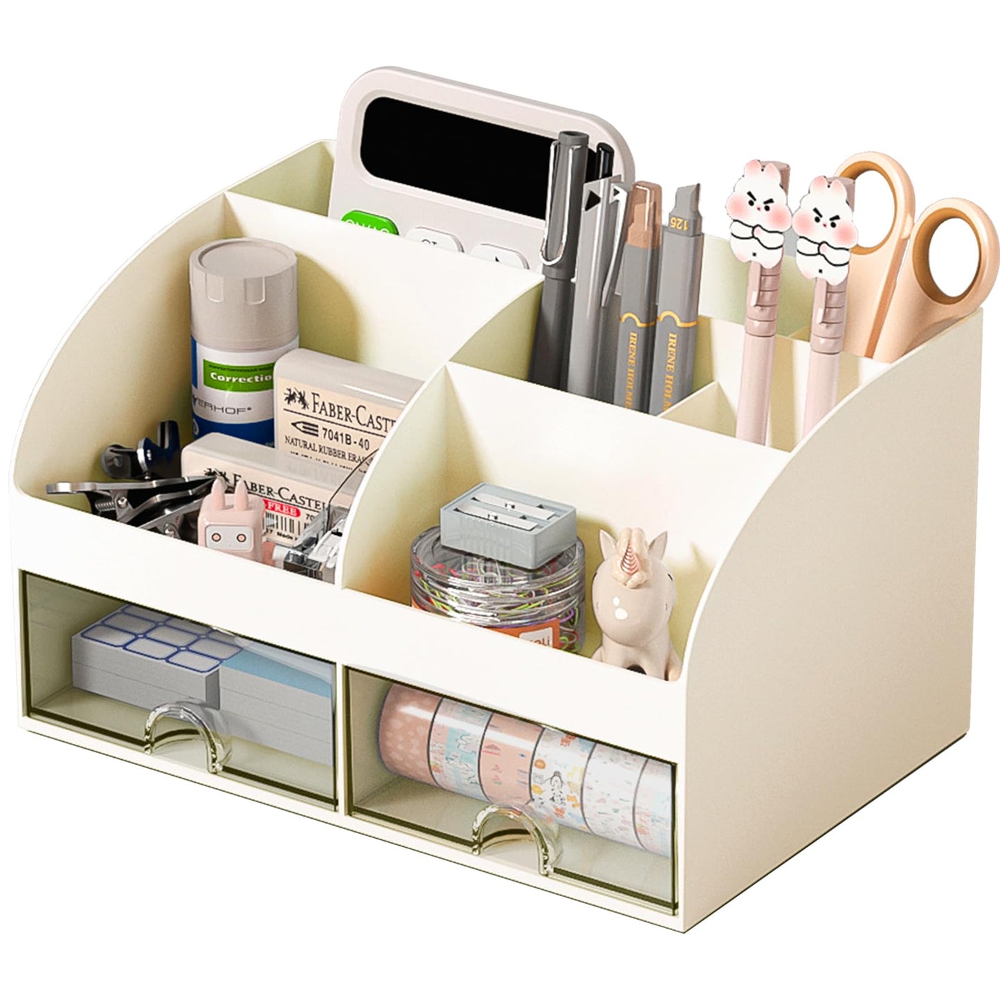 COMFYROOM Desk Organizer with 6 Compartments and 2 Drawers, Plastic Makeup Organizer, Pen Holder for Desktop Storage, Desk Organization for School, Home, Office Supplies (Ivory)