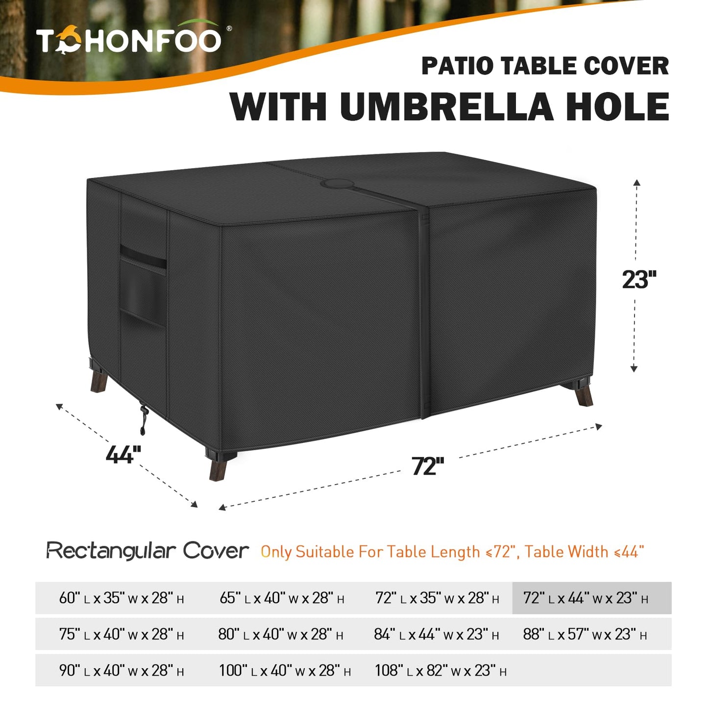 Rectangular Patio Table Cover with Umbrella Hole 72"L x 44"W x 23"H (COVER SIZE，NOT TABLE SIZE) Heavy Duty Waterproof Black Set Tarpaulins