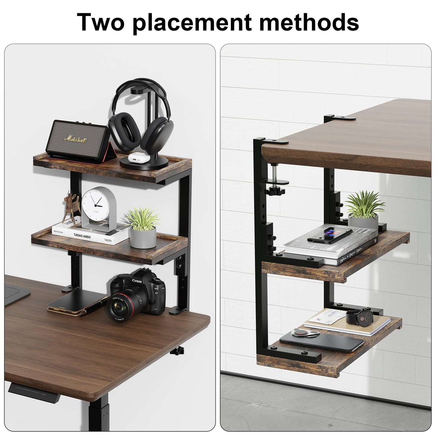 Spacrea clamp on Desk Shelf, 2 Tier Office Desk Shelves Organizer, Wood Desktop Supplies Storage Rack, Desk Organizers and Accessories (Wood)