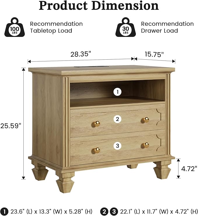 FREDEES 28'' Large Nightstands Set of 2, Smart Bedside Tables