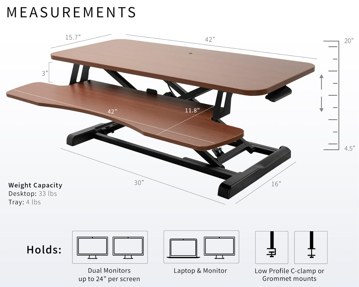 VIVO 42 inch Desk Converter, K Series, Height Adjustable Sit to Stand Riser, Dual Monitor and Laptop Workstation with Wide Keyboard Tray, Dark Walnut Top, Black Frame, DESK-V042KA
