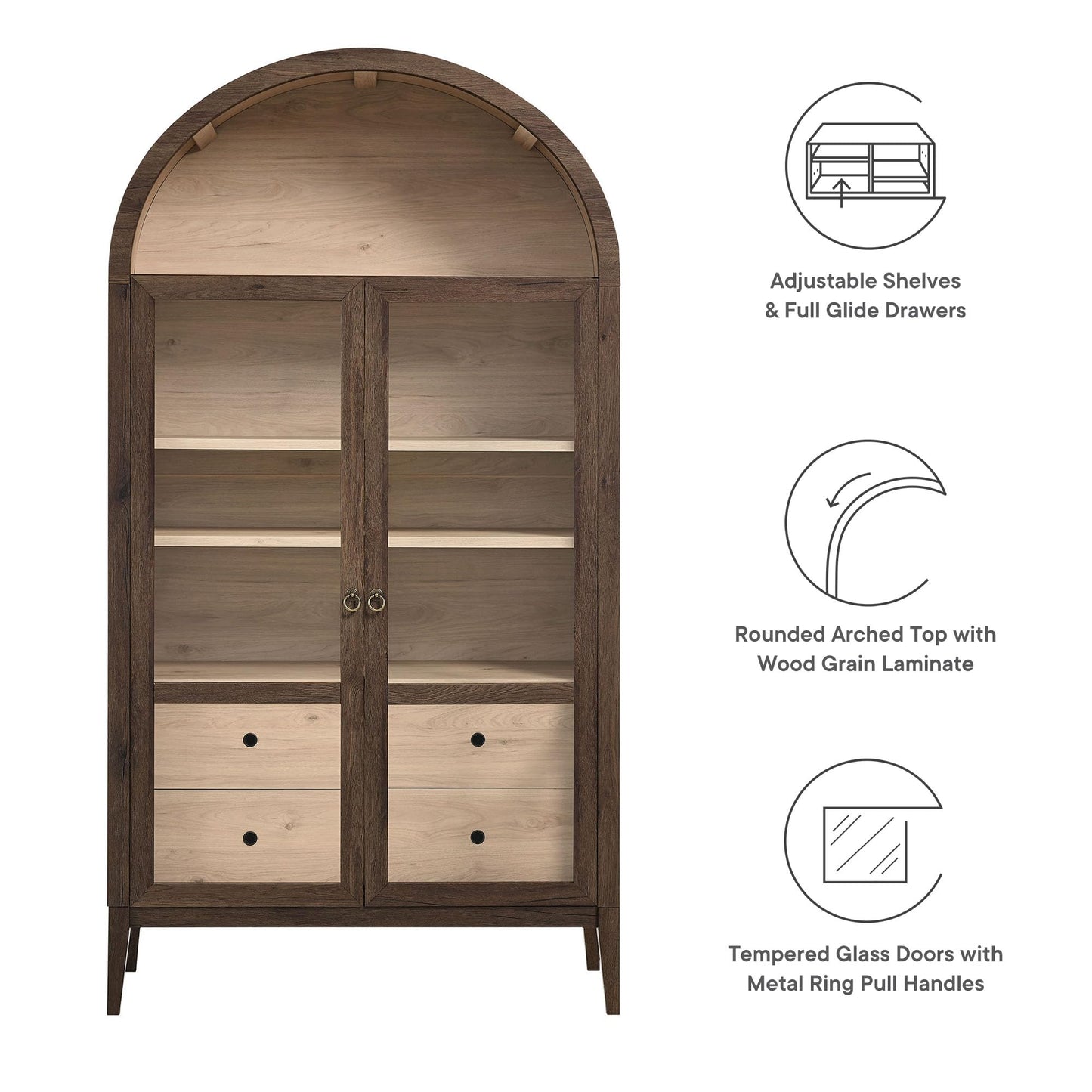 Modway Nolan Tall Arched Storage Display Cabinet in Walnut Light Oak - 74 Inch Arch Bookshelf with Glass Doors, Shelves and Drawers - Modern Accent Cabinet for Living Room, Dining Room