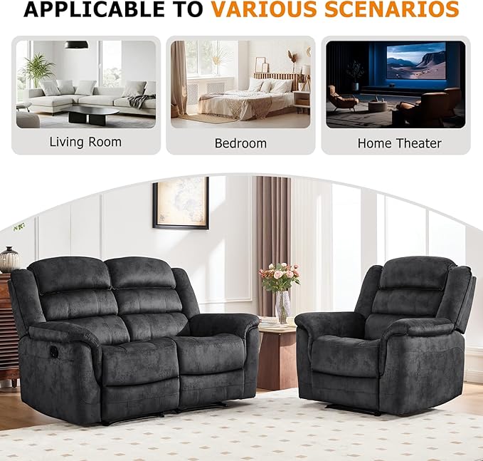 EBELLO 2 Pieces Reclining Loveseat Couch Furniture Set, Soft Fabric Manual