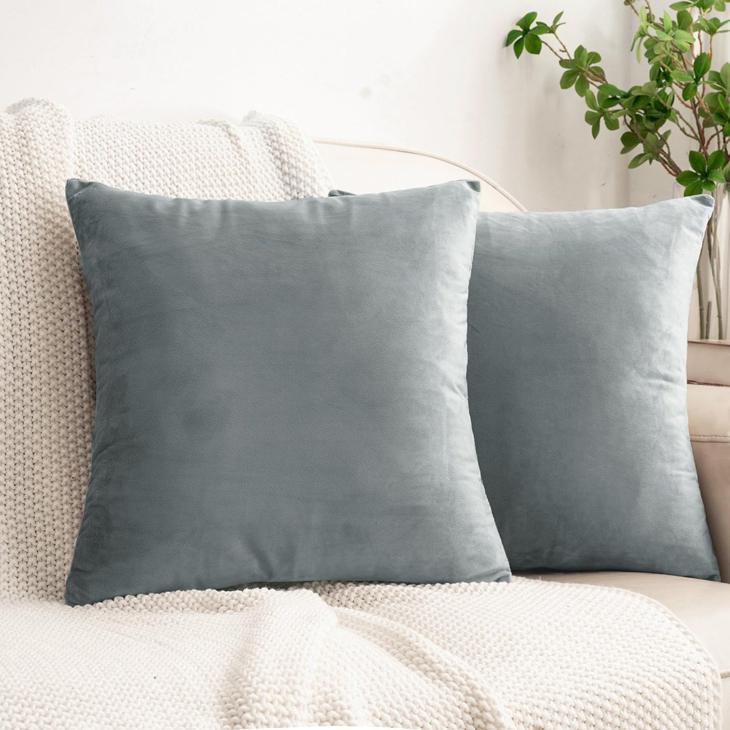 HWY 50 Gray Grey Velvet Throw Pillow Covers 18x18 Inch, Pack of 2 Soft Cozy Solid Decorative Luxury Cushion Cases for Couch Sofa Bed Living Room Bedroom