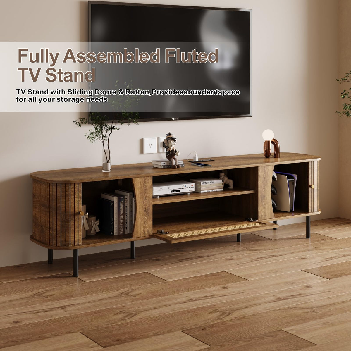 basenji Fully Assembled 71" Mid Century Modern TV Stand with Power Outlet and Sliding Doors, Rattan Entertainment Center with Storage, Wood Media Console,TV Consoles for Living Room,Walnut