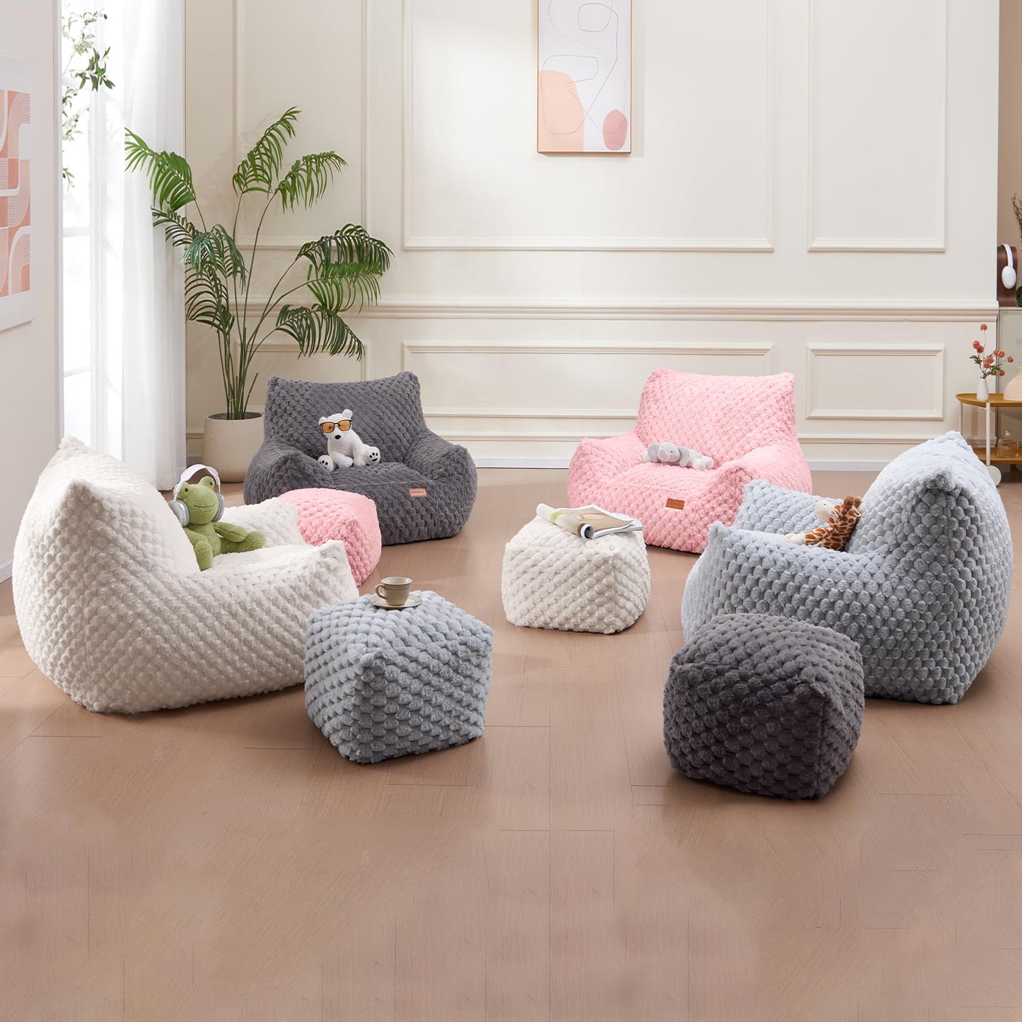 Bean Bag Chair with Ottoman, Modern Giant Bean Bag Couch Sofa with Footstool, Lounge Large Bean Bag Chairs for Adults Teens, Comfy Faux Fur Reading Chair for Bedroom, Living Room