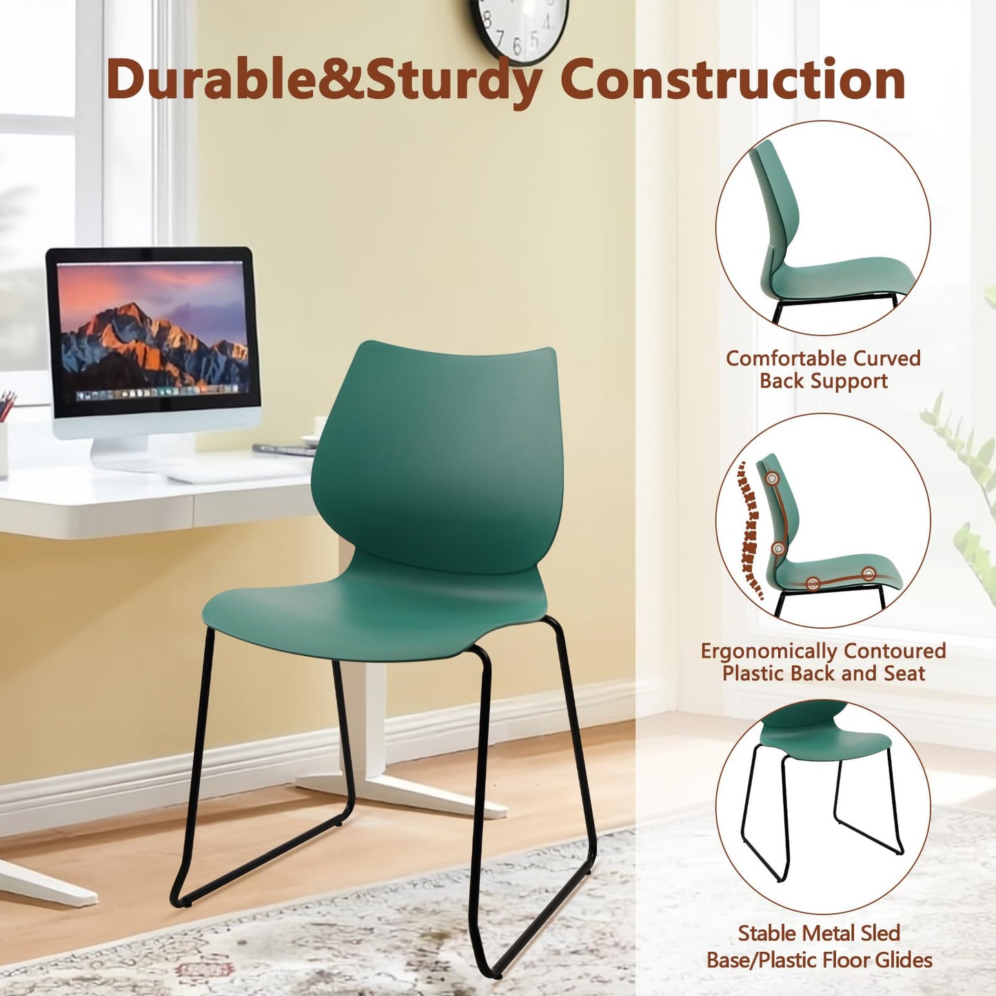 KLASIKA Stackable Waiting Room Chair, Stacking Office Chair with Ergonomic Lumbar Support and Metal Legs, Plastic Desk Chairs for Conference School Church Guest Reception Set of 4, Green