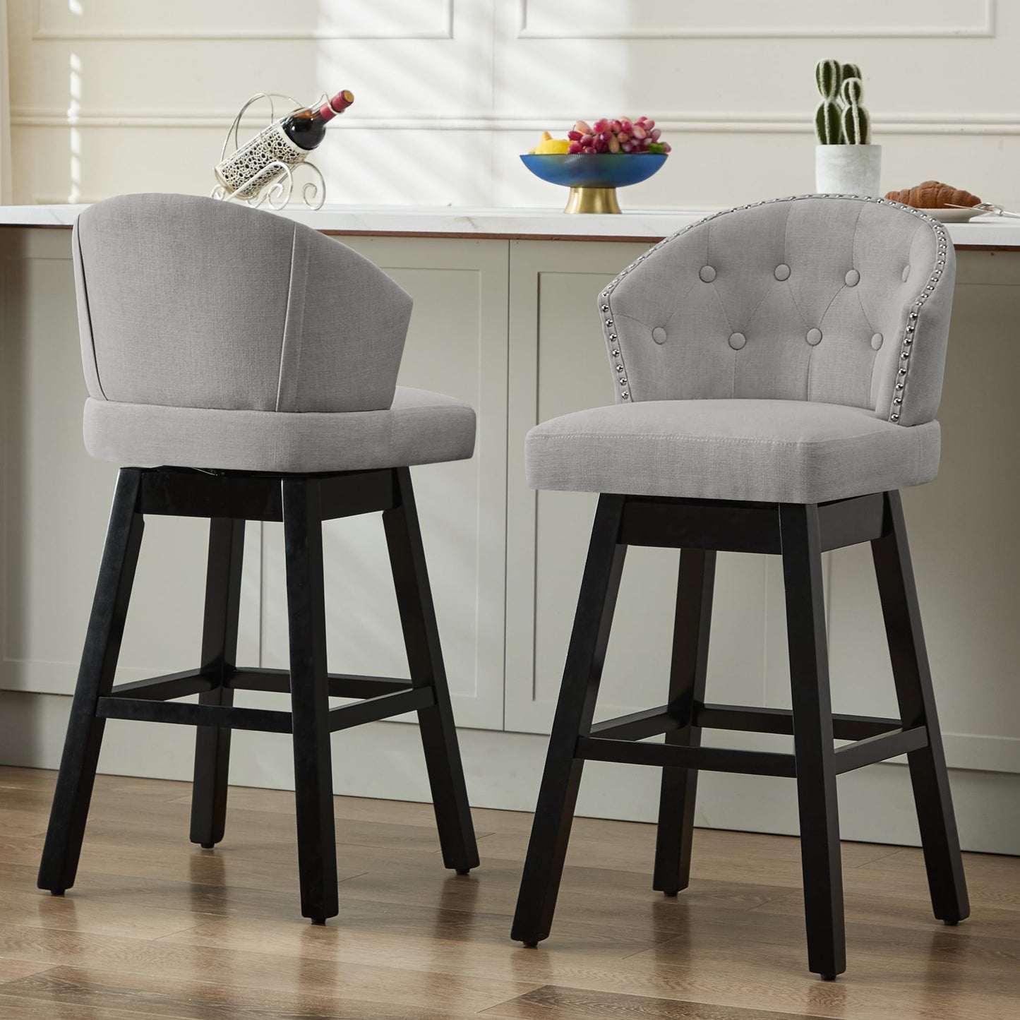 UDAX 29''Swivel Bar Stools Set of 2, Upholstered Barstools with Backs, Modern Counter Height Bar Stool Chairs for Kitchen Island, Wood Legs, Counter Stools